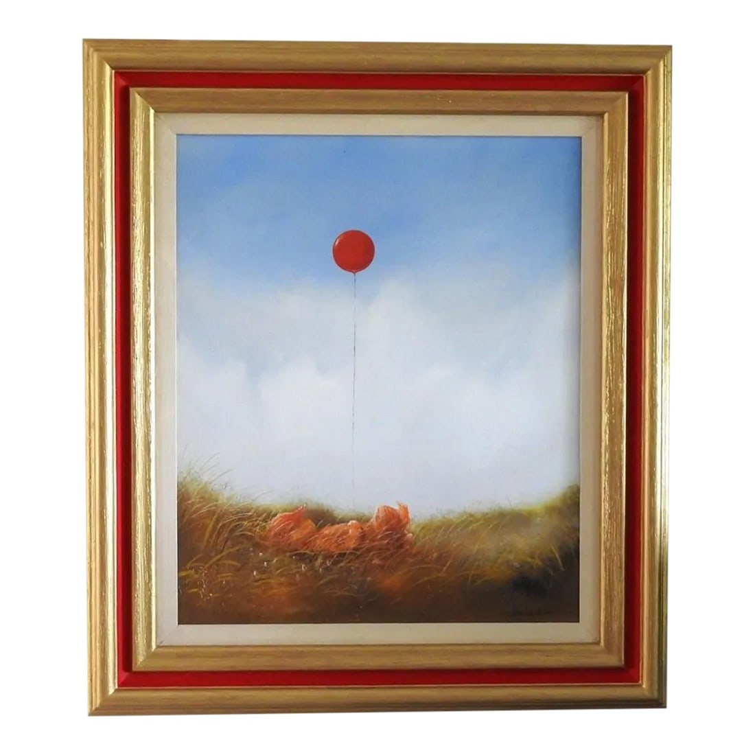 Red Balloon Oil Painting by San Franciscan Artist John Boyd May: 1980s oil painting of a boy with a red balloon by a San Franciscan artist John Boyd May. Framed in a gold and red colored solid wood frame. Zen, care-free vibe makes it a perfect fit for a family