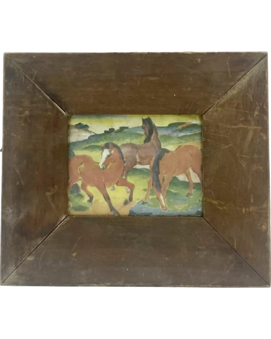 Vintage Equestrian Three Brown Horses Framed Art Print 8.25 X 7.25" - 12