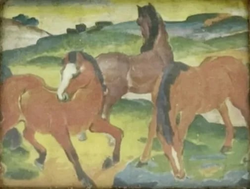 Vintage Equestrian Three Brown Horses Framed Art Print 8.25 X 7.25" - 9