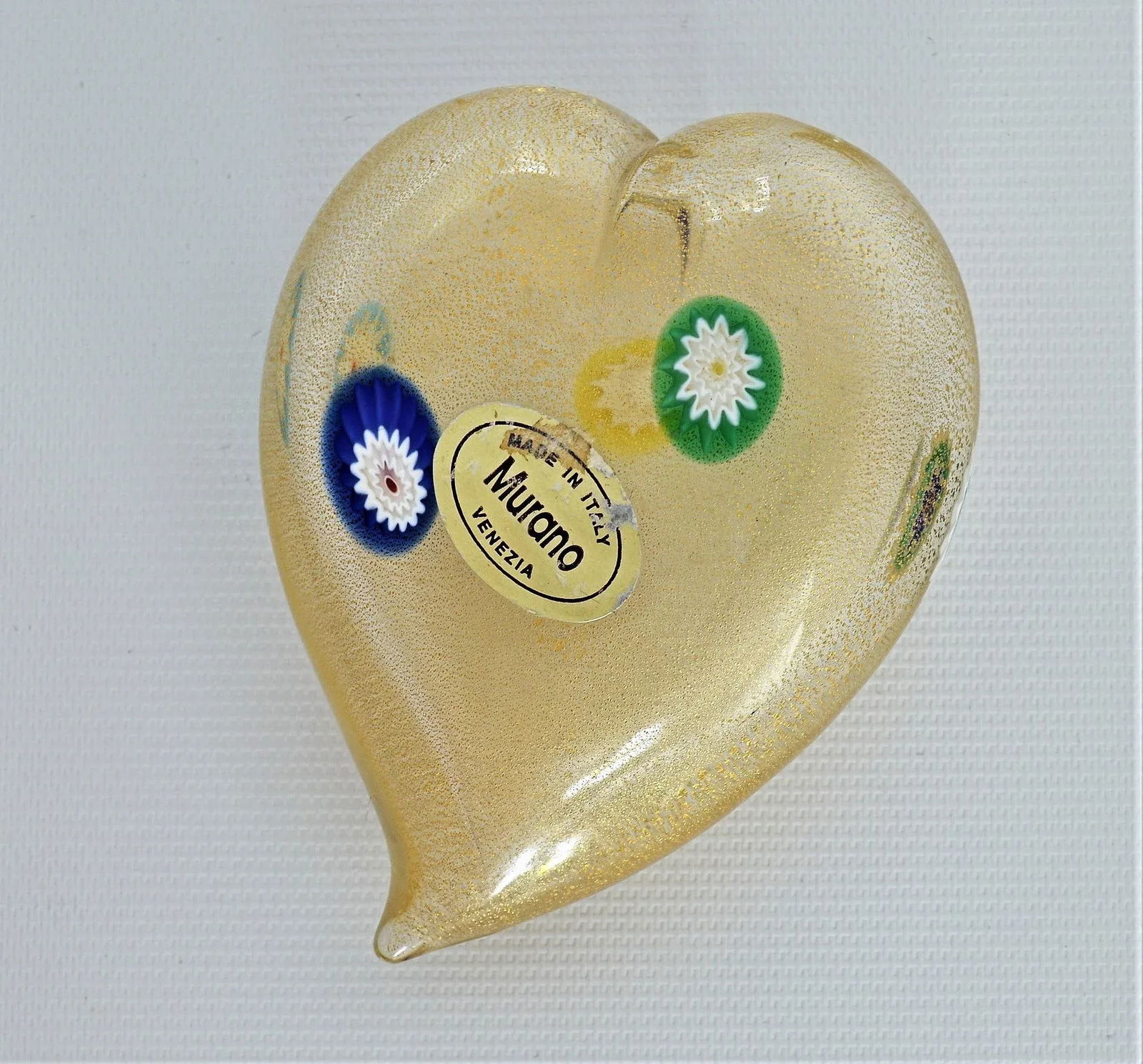 Vintage Murano Glass Heart With Gold Aventurine and Murrines Paperweight - Signed - 2