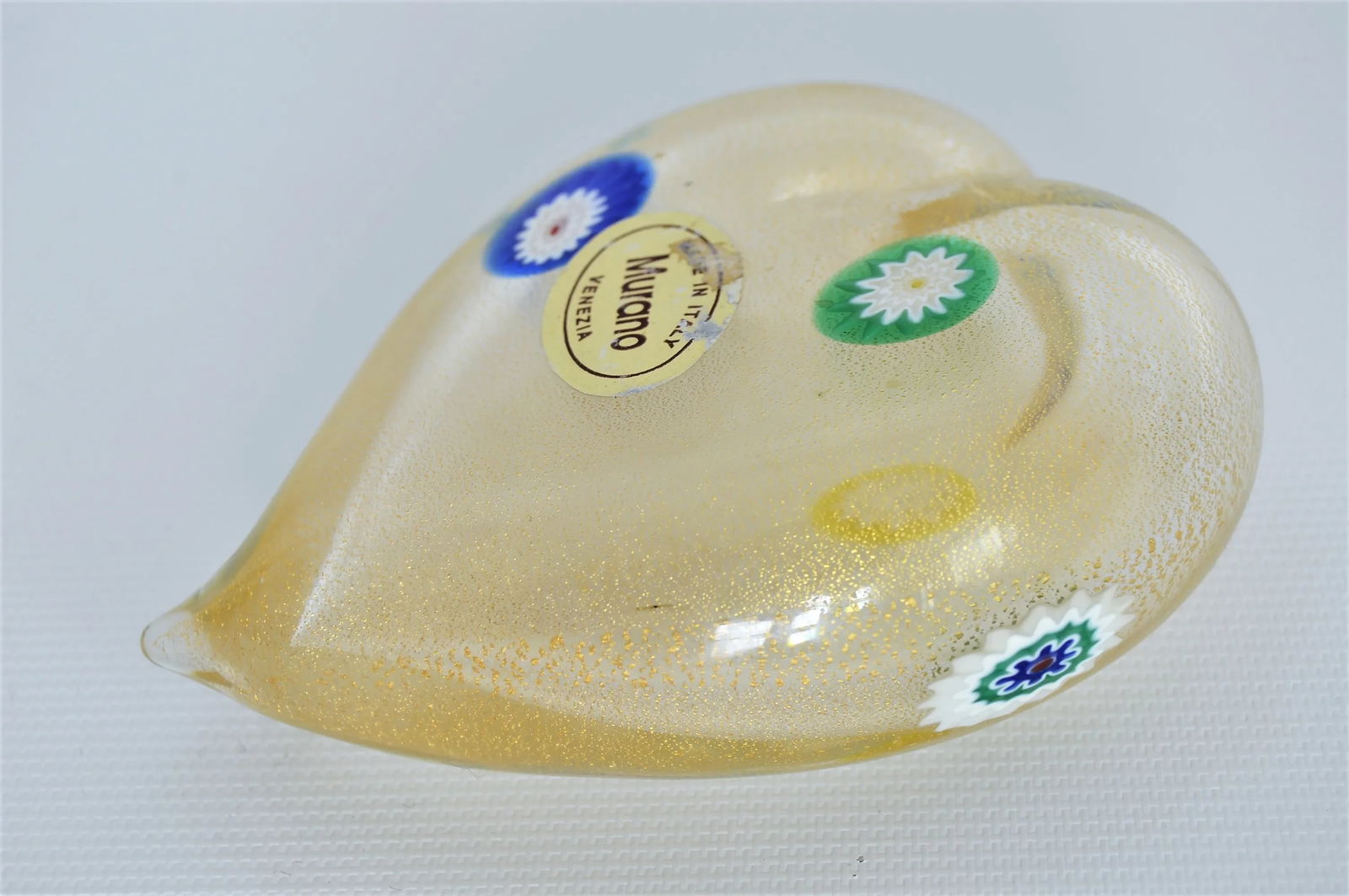 Vintage Murano Glass Heart With Gold Aventurine and Murrines Paperweight - Signed - 3