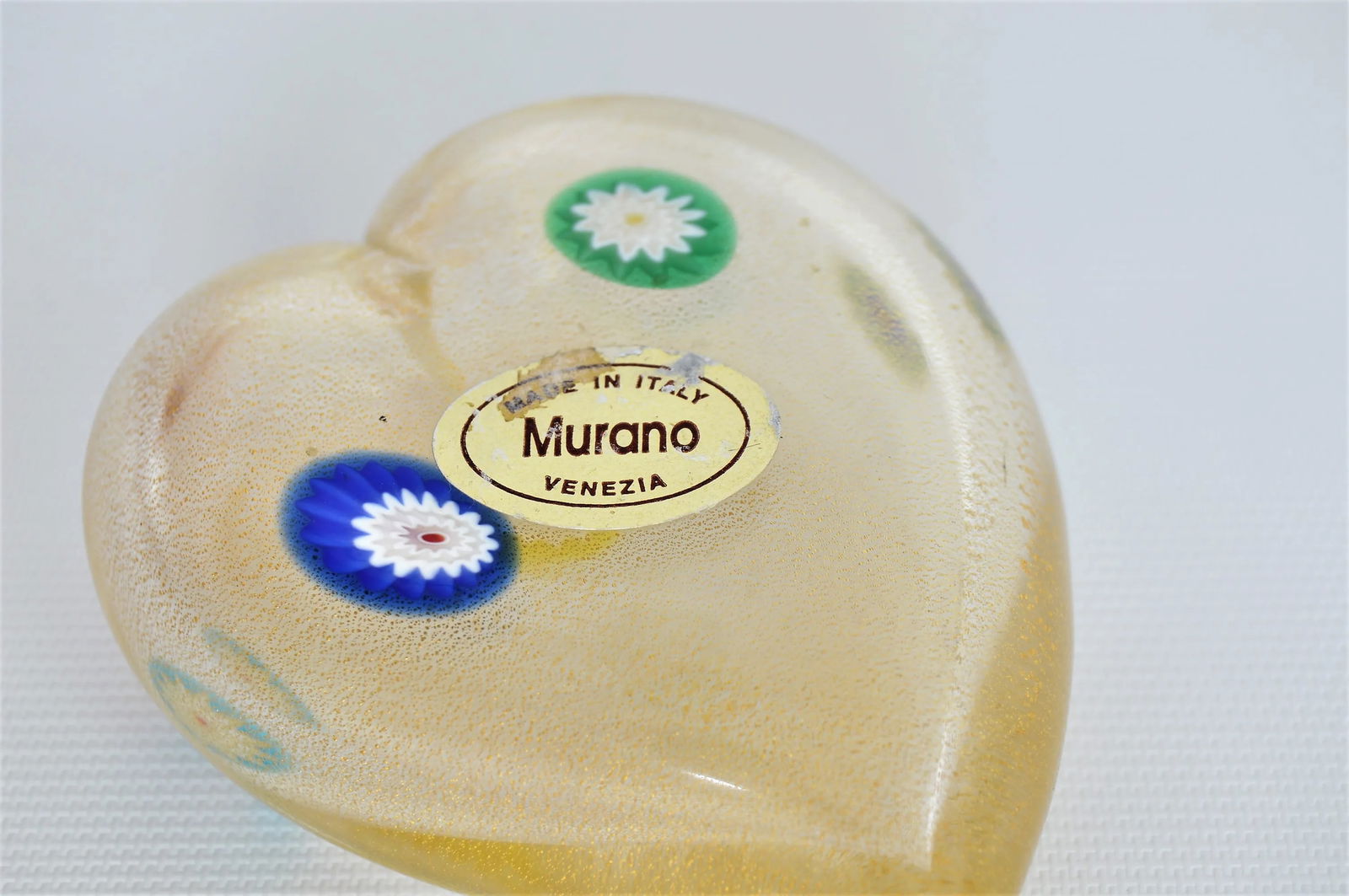 Vintage Murano Glass Heart With Gold Aventurine and Murrines Paperweight - Signed - 6