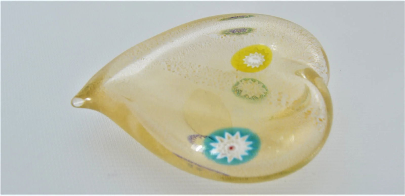 Vintage Murano Glass Heart With Gold Aventurine and Murrines Paperweight - Signed - 9