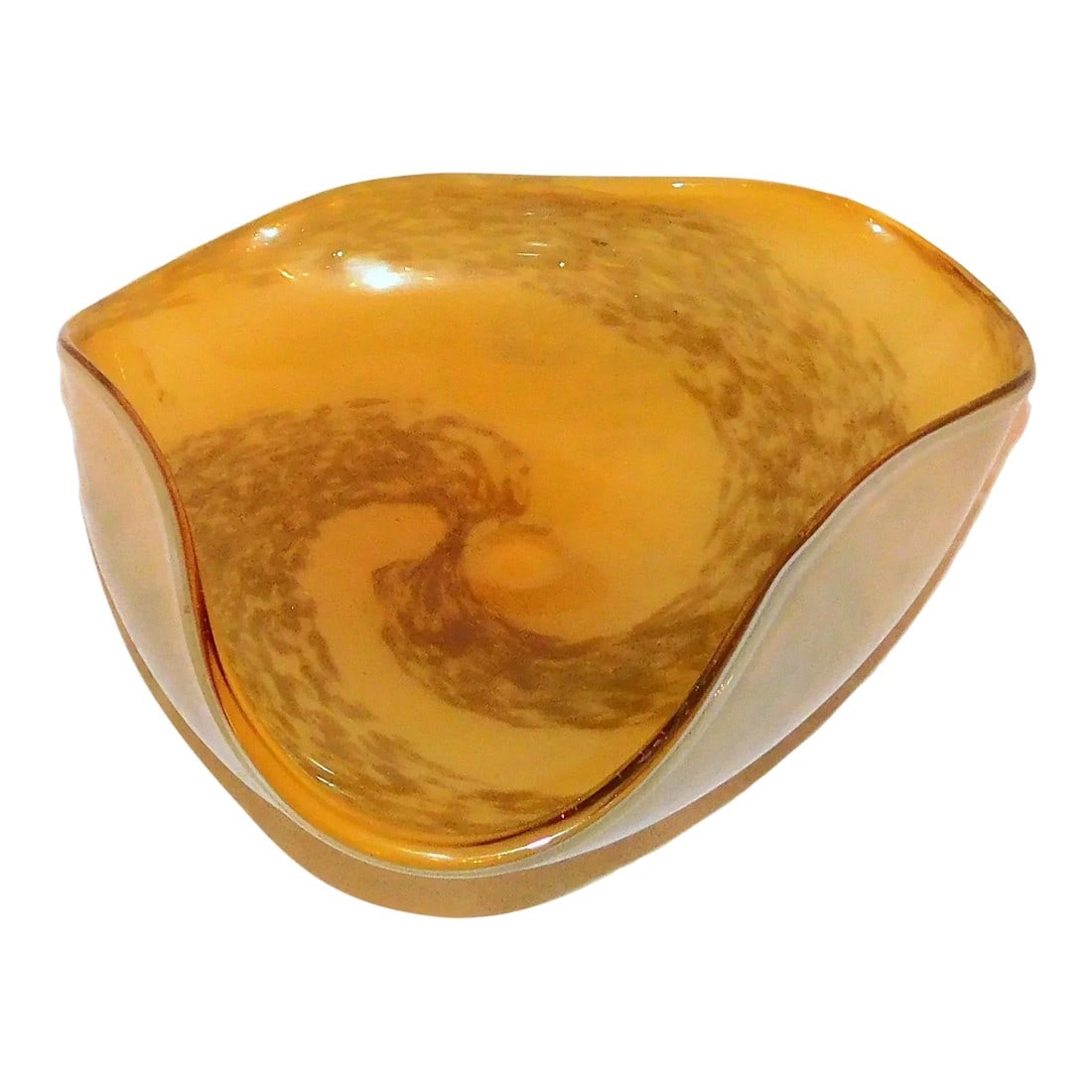 Mid 20th Century Murano Glass Bowl: Lovely Murano glass bowl of yellow over white glass, with swirls of gold flecks to the yellow Condition: Original Condition Unaltered; Some Imperfections; Normal wear from age and use Dimensions: Heig
