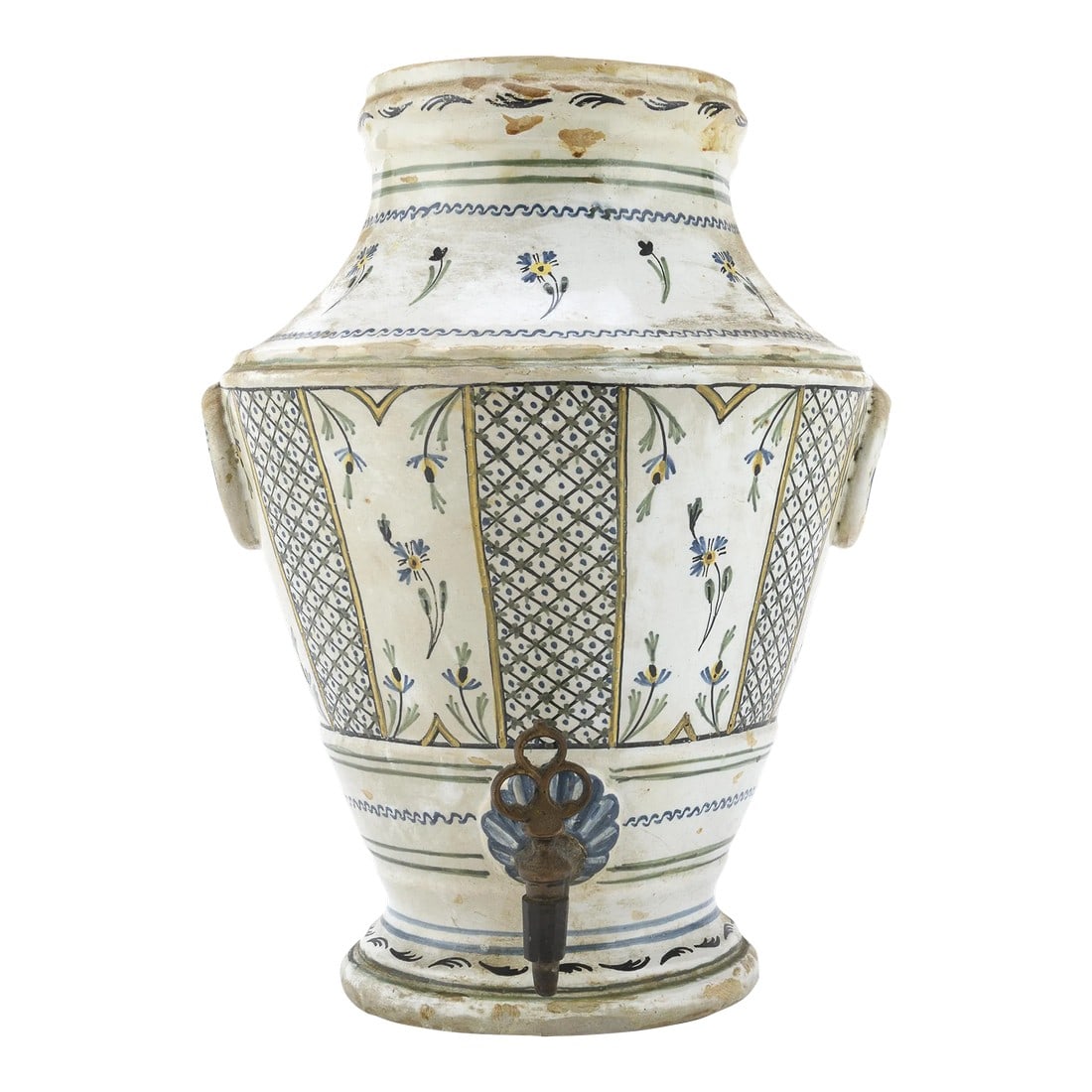 Rustic French European 18th Century Faience Fountain With Spigot: Anonymous Mid-18th century; probably Moustiers or Nevers, France Faience and brass Approximate size: 12.25 (h) x 9 (w) x 6.25 (d) inches The present dispenser was either used as a water or wine cooler