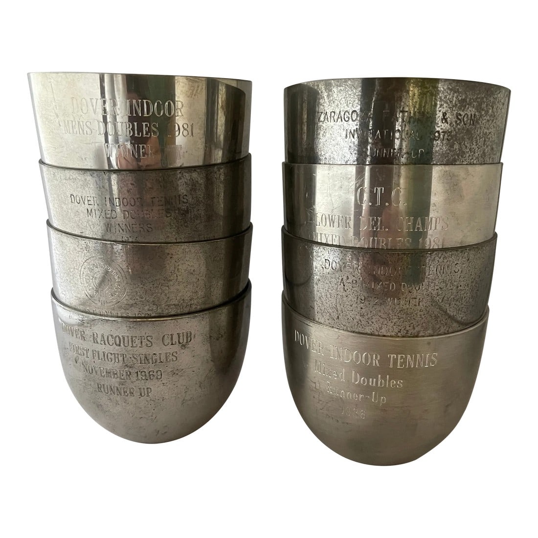 1960s Vintage Stieff Pewter Tennis Award Jefferson Round Cups - Set of 8: Tennis anyone? Perfect for your favorite player! Each cup (8 total) is engraved with the match name, winner's place, and date (1960s to 1980s). Elegant and extremely versatile, these pewter Stieff Jef