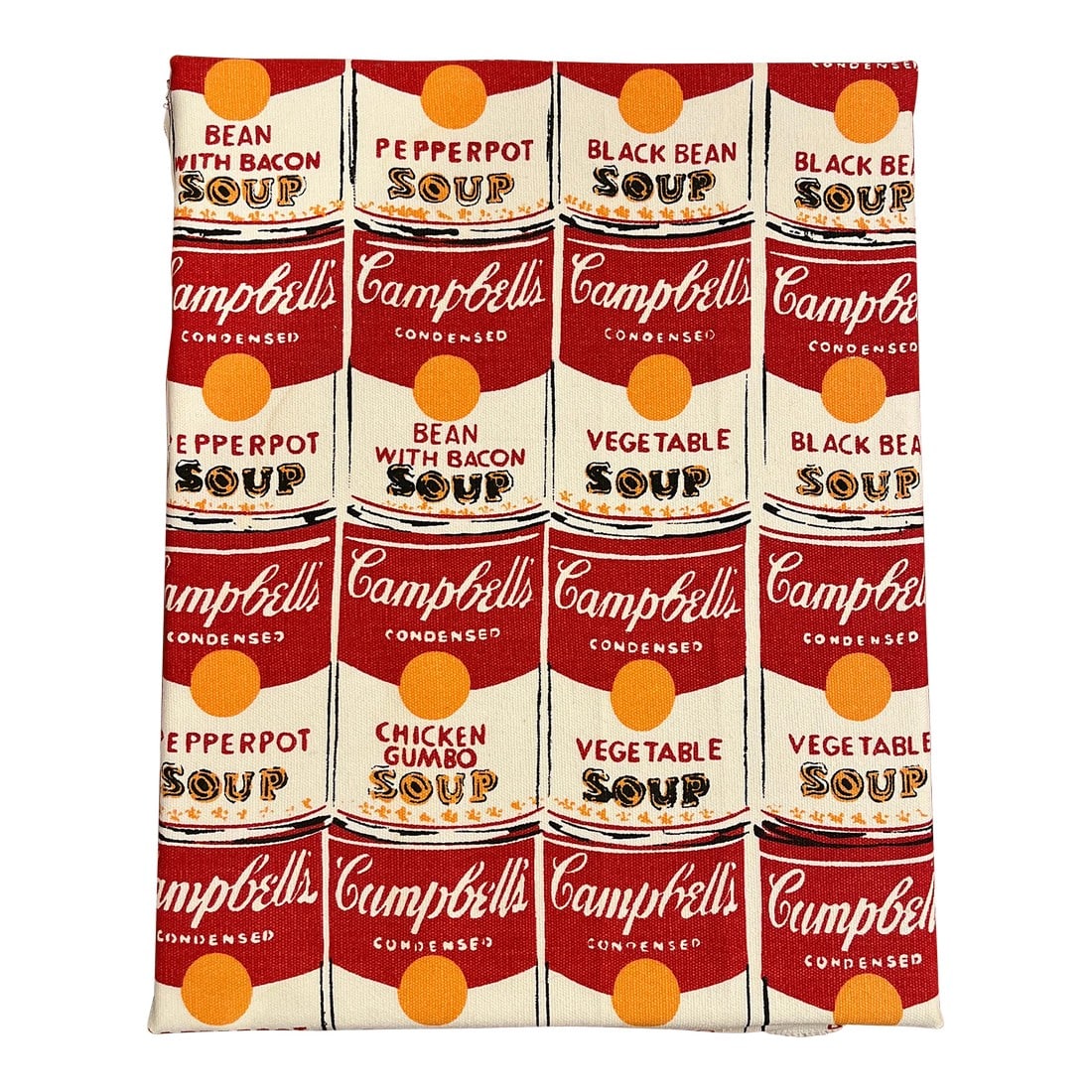 Vintage Andy Warhol Style Soup Cans Fabric Over Canvas: Campbell soup can fabric over canvas. No brand no makers marks. 11"x14 Condition: Original Condition Unaltered; Some Imperfections; Looks new, no fading or yellowing Dimensions: Height: 14 in.
