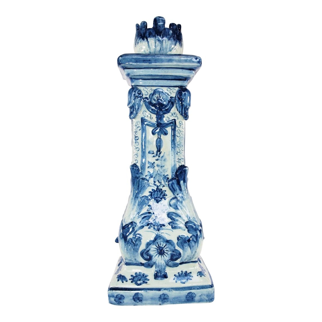 Vintage Maitland Smith Chinoiserie Hand Painted Blue & White Candle Stick: A vintage Maitland Smith Chinoiserie hand painted blue & white candle stick. Hand painted intricately in the shape of a column. Measures 13" high, base 4½" square and candle opening 1¾". Ver