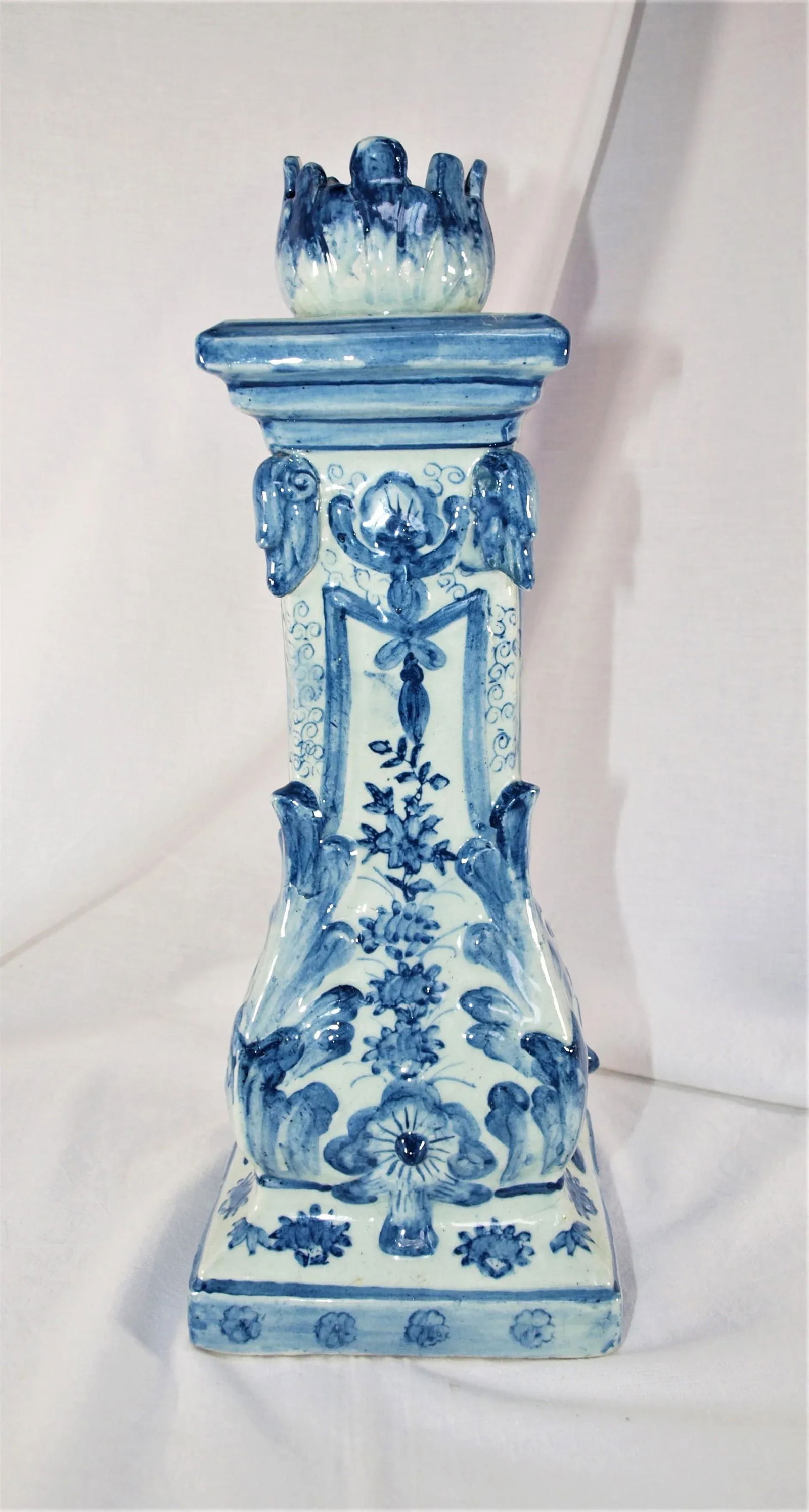 Vintage Maitland Smith Chinoiserie Hand Painted Blue & White Candle Stick - 5