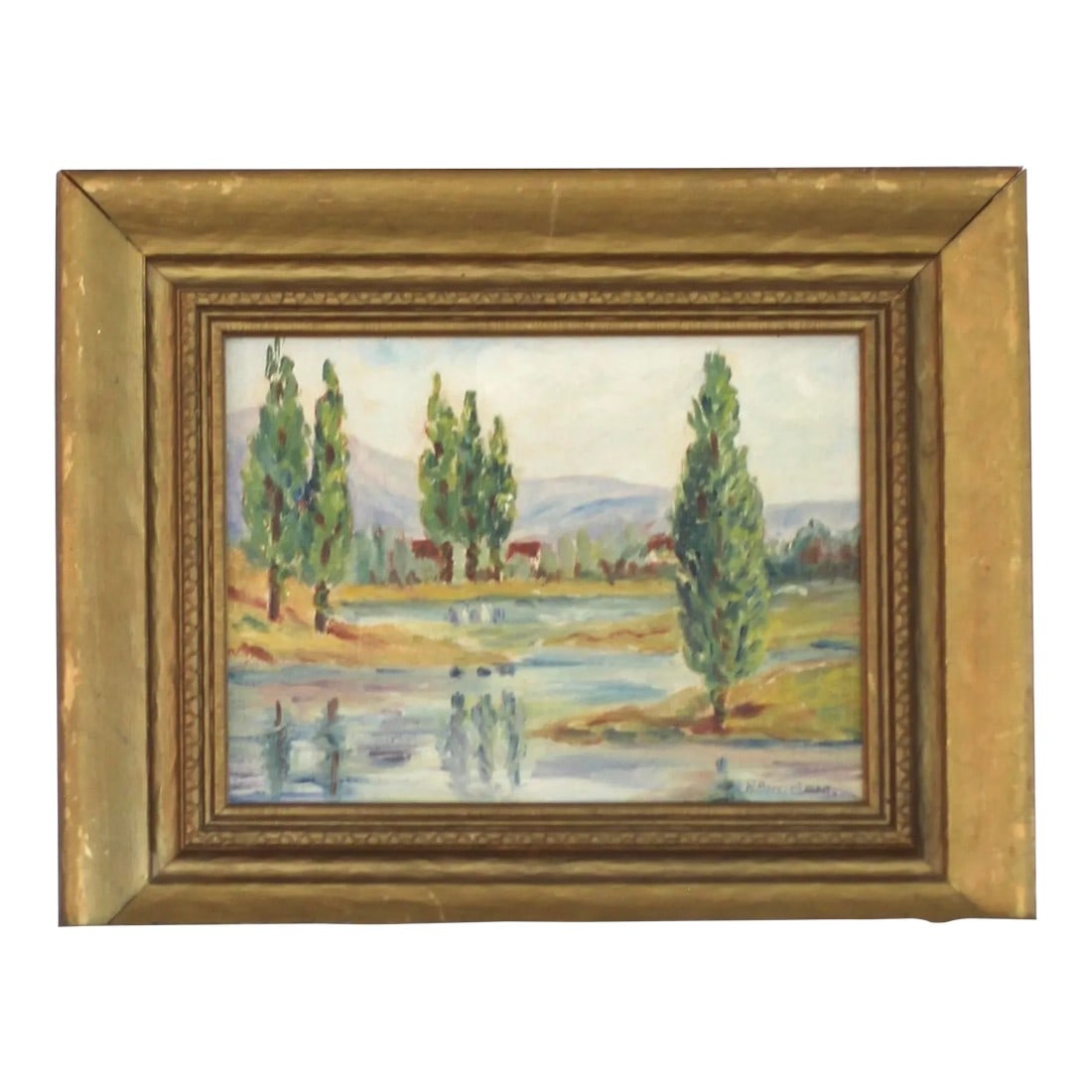 Late 19th Century Impressionist Antique Painting of Cypress Trees in a Gold Frame by Barrickman: This is a great piece! Oil painting of cypress trees and a lake or water. Wonderful colors with an antique gold frame. Use of thick paint and great color combo. Signature looks like "W. Barrickman." i