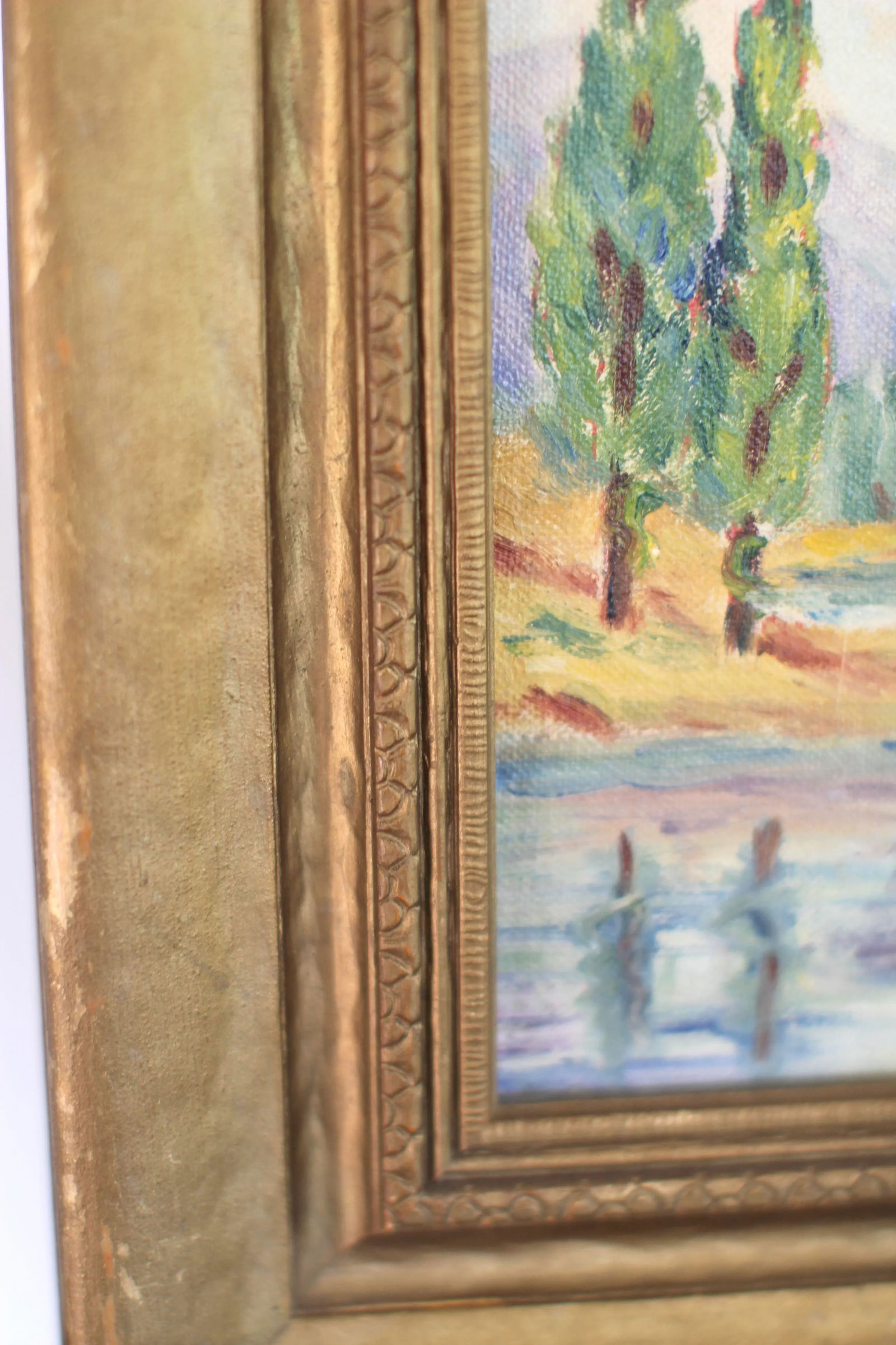 Late 19th Century Impressionist Antique Painting of Cypress Trees in a Gold Frame by Barrickman - 5