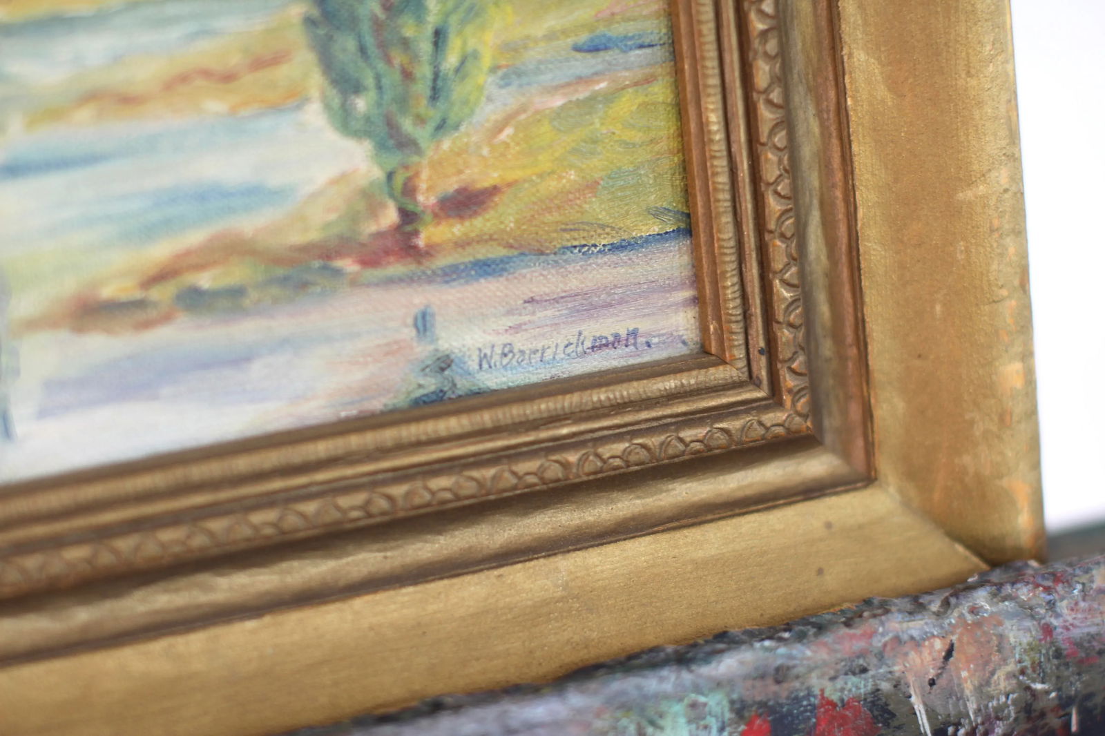 Late 19th Century Impressionist Antique Painting of Cypress Trees in a Gold Frame by Barrickman - 7