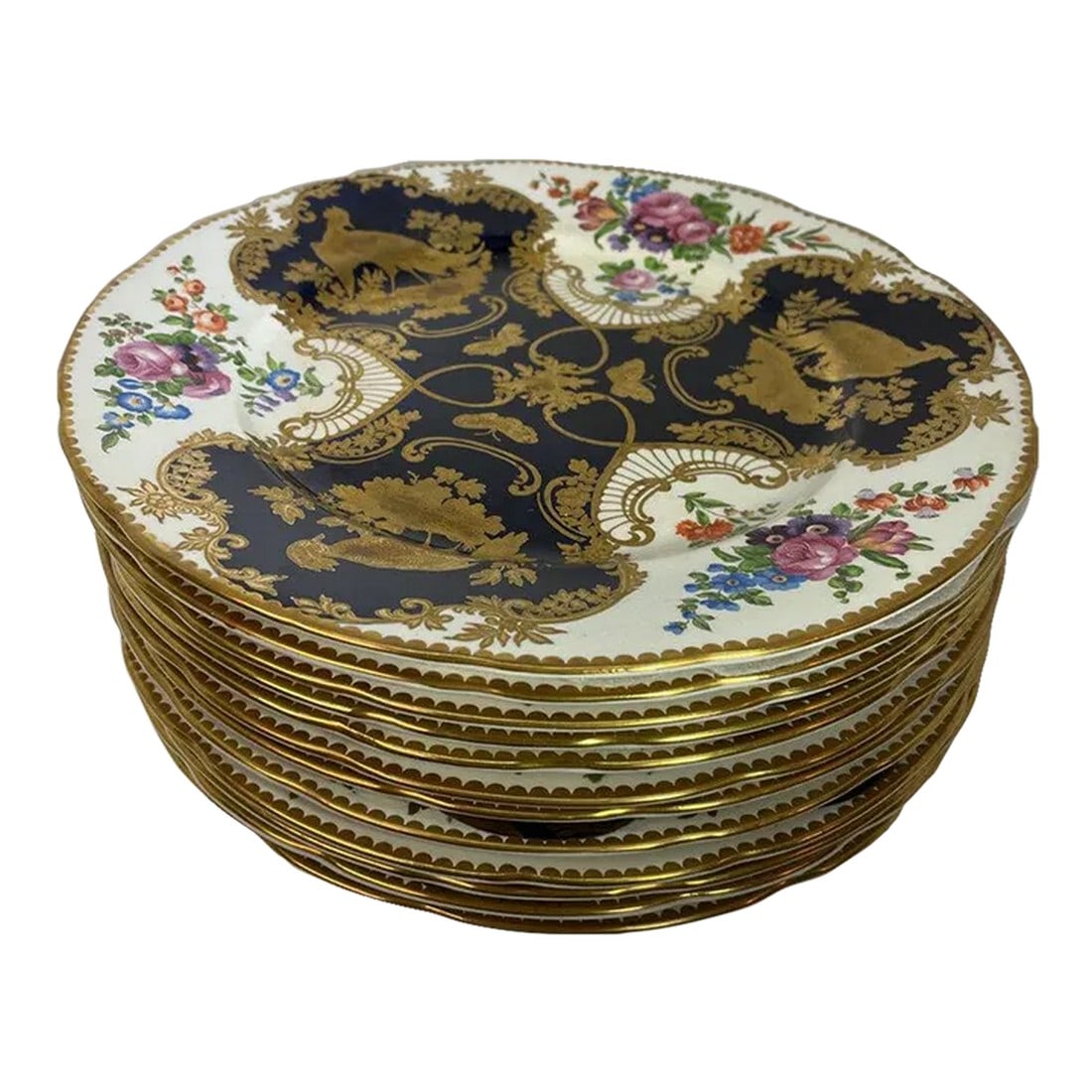 Tiffany & Co./Booths, Cobalt & Floral Dinner Plates- Set of 12: 12 Tiffany & Co./Booths, Cobalt & Floral Dinner Plates, 10.25 in. Diam. ca. 1900 https://www.instagram.com/p/CzJfS_xOhn0/ Condition: Original Condition Unaltered; Some Imperfections; For their age, ve