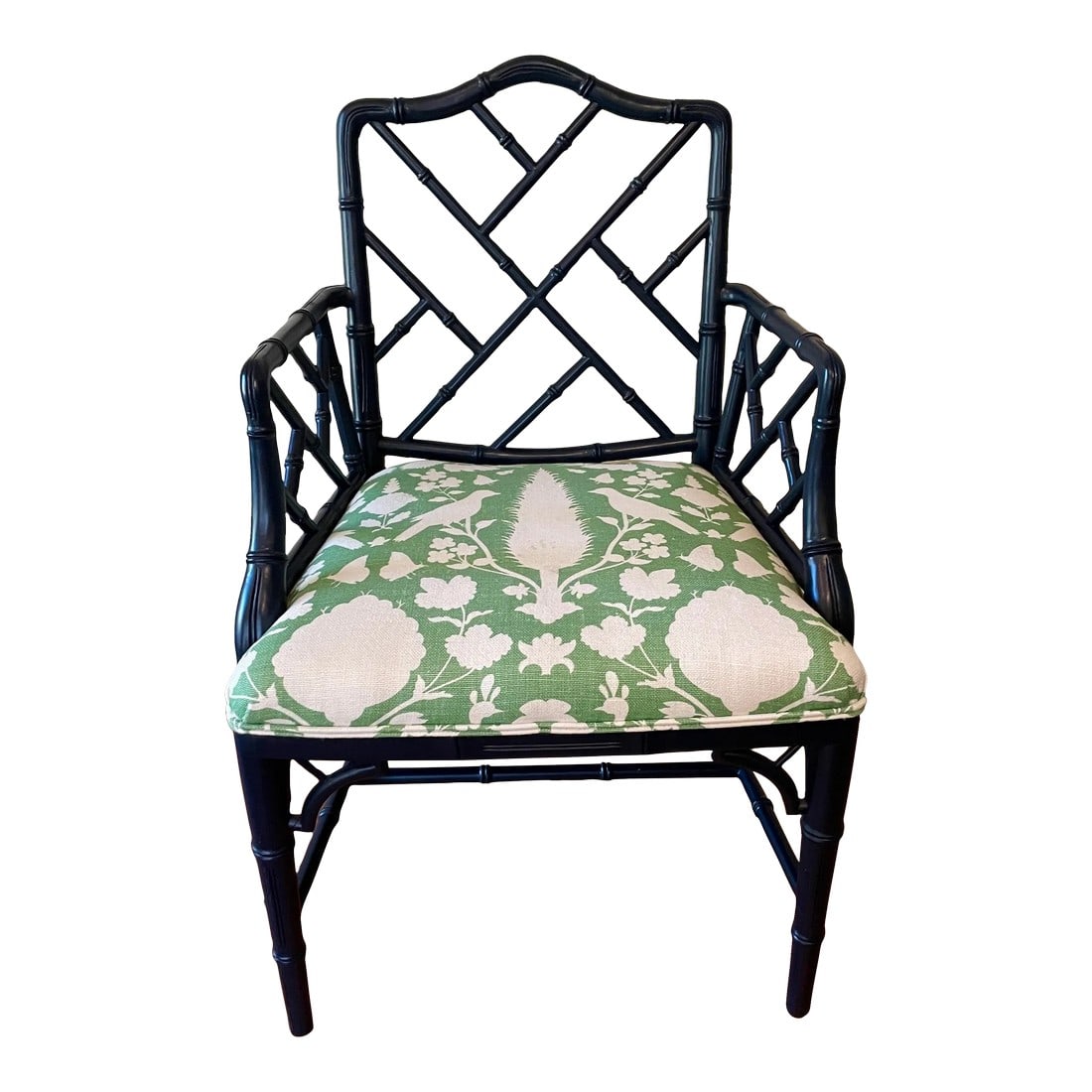 C. R. Laine Navy Blue "Betty" Arm Chair: The classic€œBetty" Armchair by C.R. Laine Furniture in Navy Blue with a botanical green and cream upholstered seat. The chair is lightly used in excellent condition. One of a matching pair
