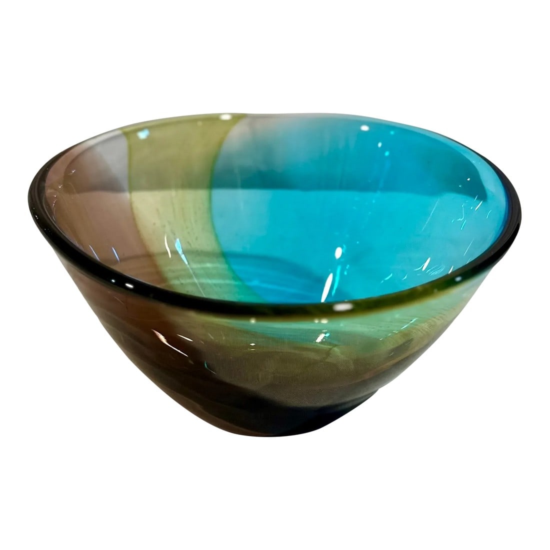 Vintage Murano Large Tr-Color Decorative Bowl: A vintage Murano art glass decorative bowl in a tri-colored swirl design in shades of cobalt blue, amethyst and clear with gold flecks.. This stunning bowl has a slightly asymmetrical form and measure