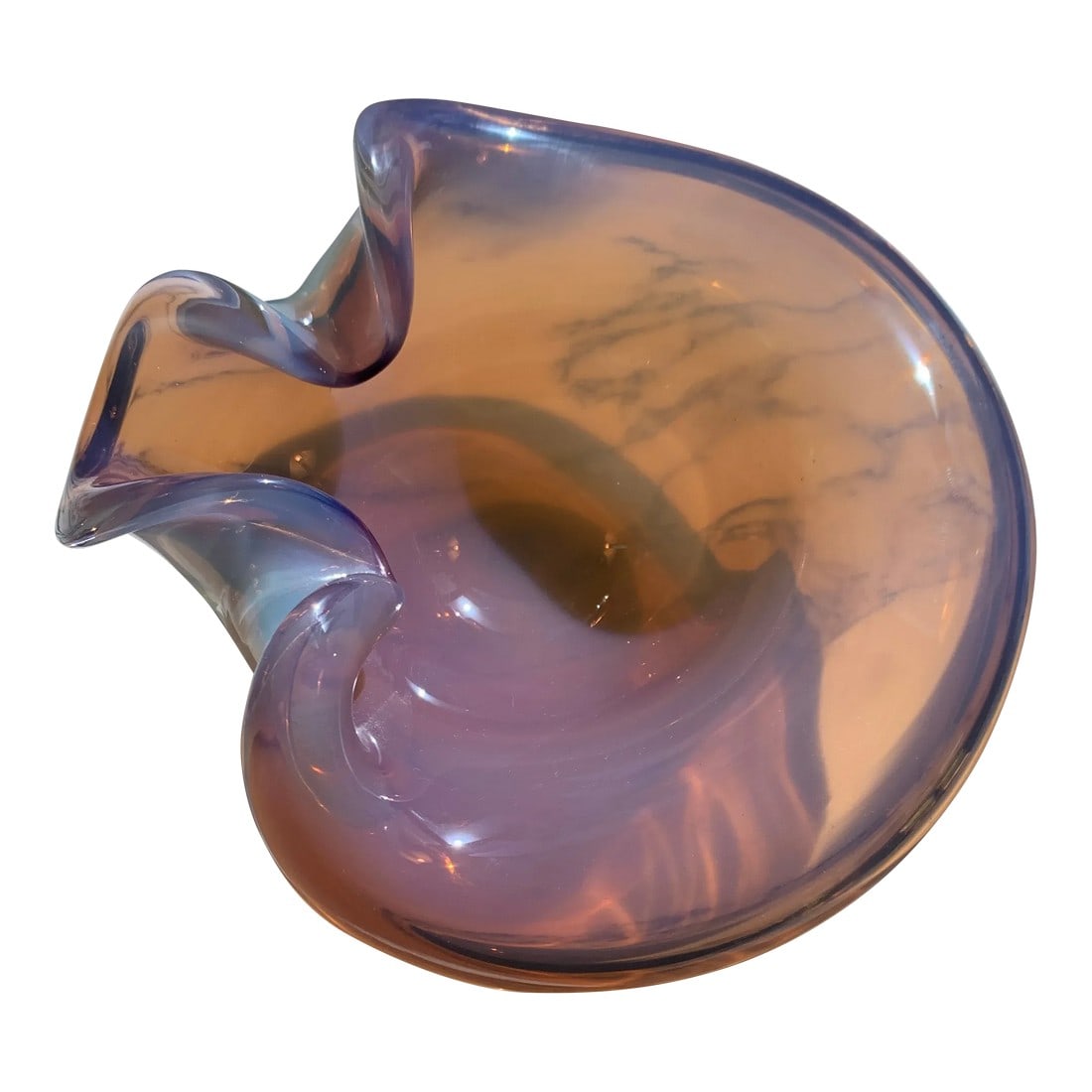 Vintage Murano Cenedese Opaline Art Glass Bowl: He we have an absolutely beautiful Mid Century opalescent Italian art glass bowl or catchall. Gorgeous luminous layered glass changes color depending on light. Some days it looks purple, other days it