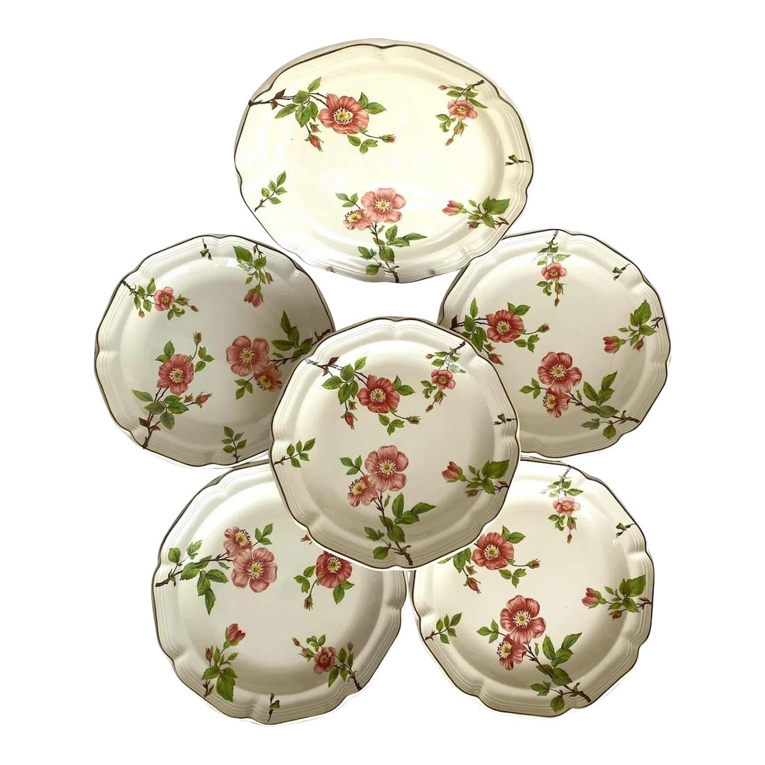 Sangostone Pink Blossom Dinner Plate & Platter Set of 5 - Pink Sakura Flowers, Yellow Centers, Green: The Dinner Plates and Platter from Sangostone featuring pink blossoms. The plates and platter are adorned with pink Sakura flowers on yellow and have a green scalloped edge. This combination of