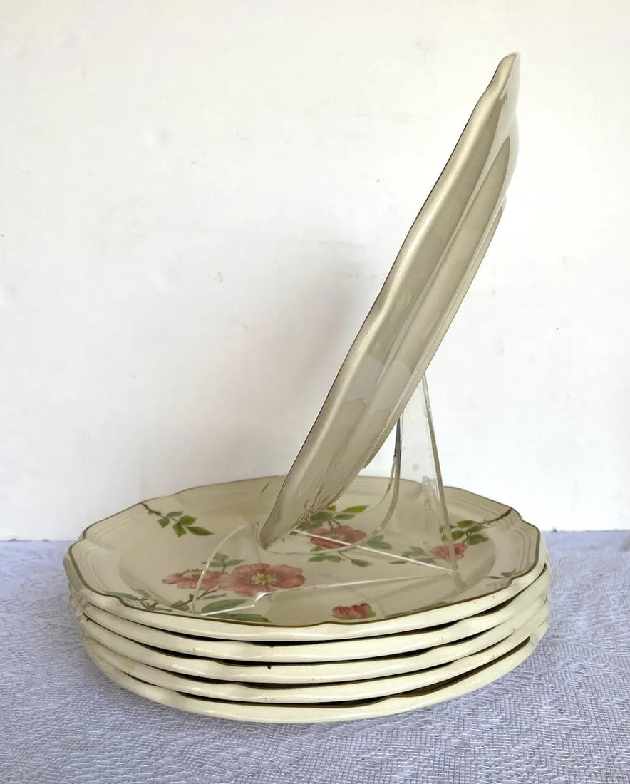 Sangostone Pink Blossom Dinner Plate & Platter Set of 5 - Pink Sakura Flowers, Yellow Centers, Green - 5