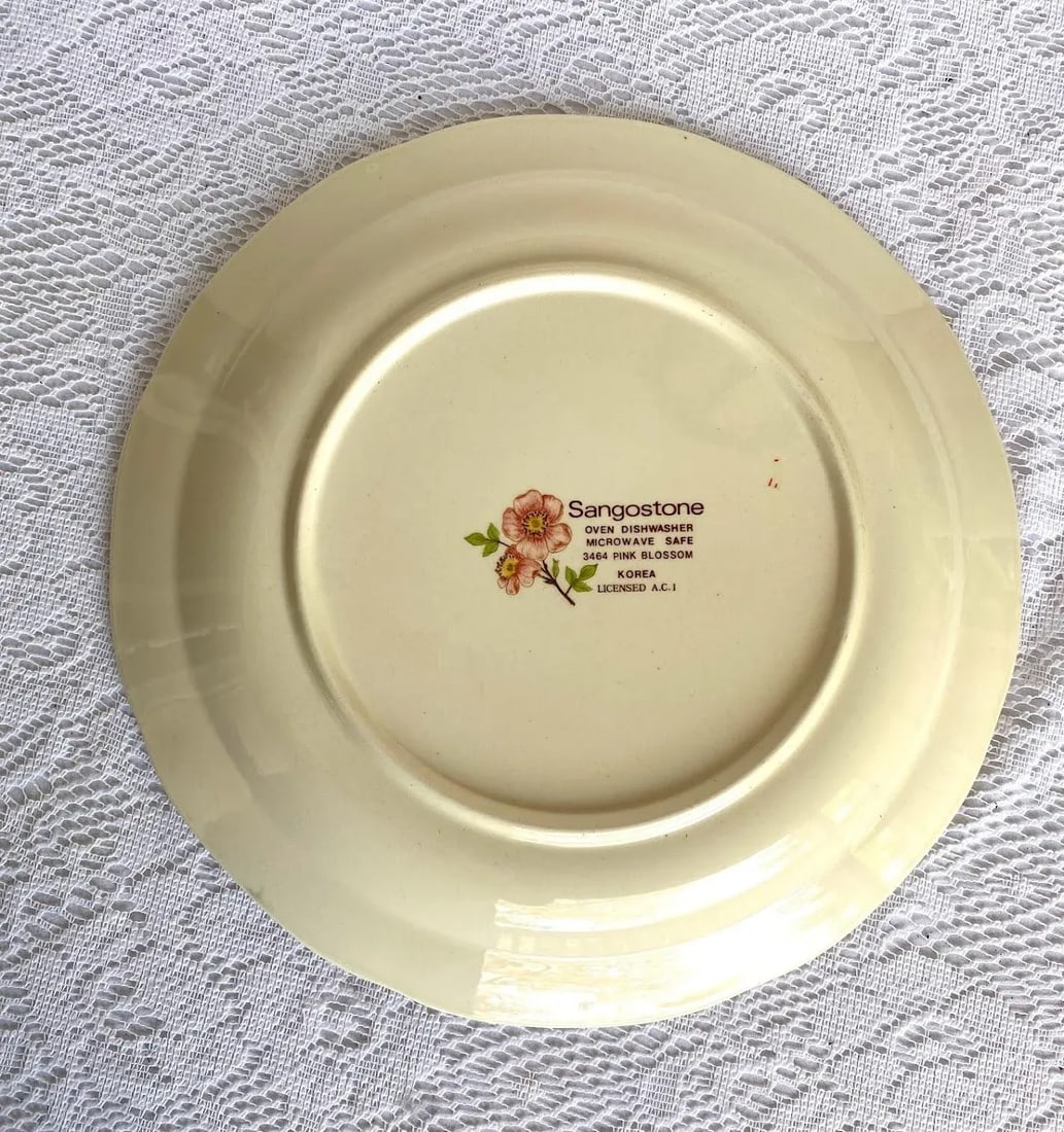 Sangostone Pink Blossom Dinner Plate & Platter Set of 5 - Pink Sakura Flowers, Yellow Centers, Green - 8