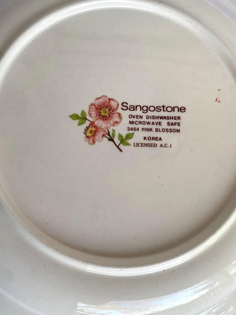 Sangostone Pink Blossom Dinner Plate & Platter Set of 5 - Pink Sakura Flowers, Yellow Centers, Green - 9