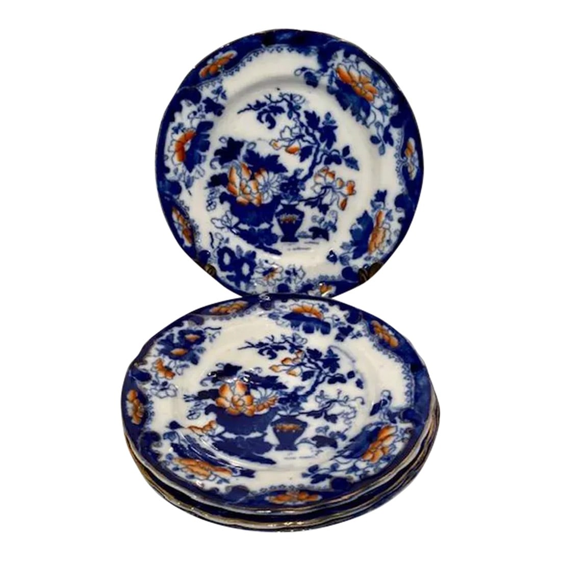 Set of 4 Antique Dessert Plates in English 1749 Pattern: I appreciate the rarity of these plates. They are unmarked, but there is information out of England (you-tube) about this particular pattern. The border is interesting because the pair of daisies are