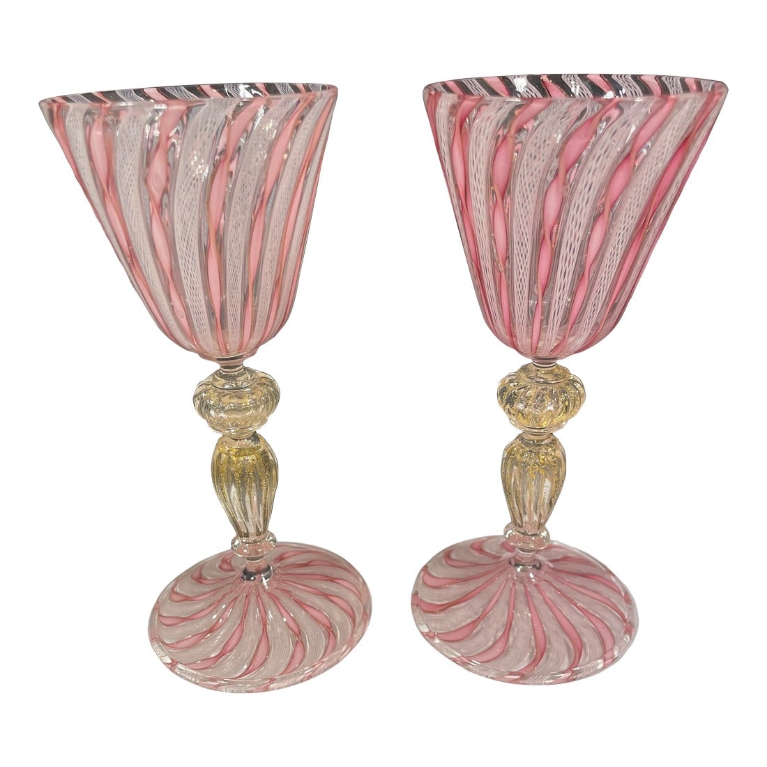 Set of 2 Zanfirico Salviati Murano Style Pink Ribbon Glass Gold Dust Wine Glasses (1 of 7)