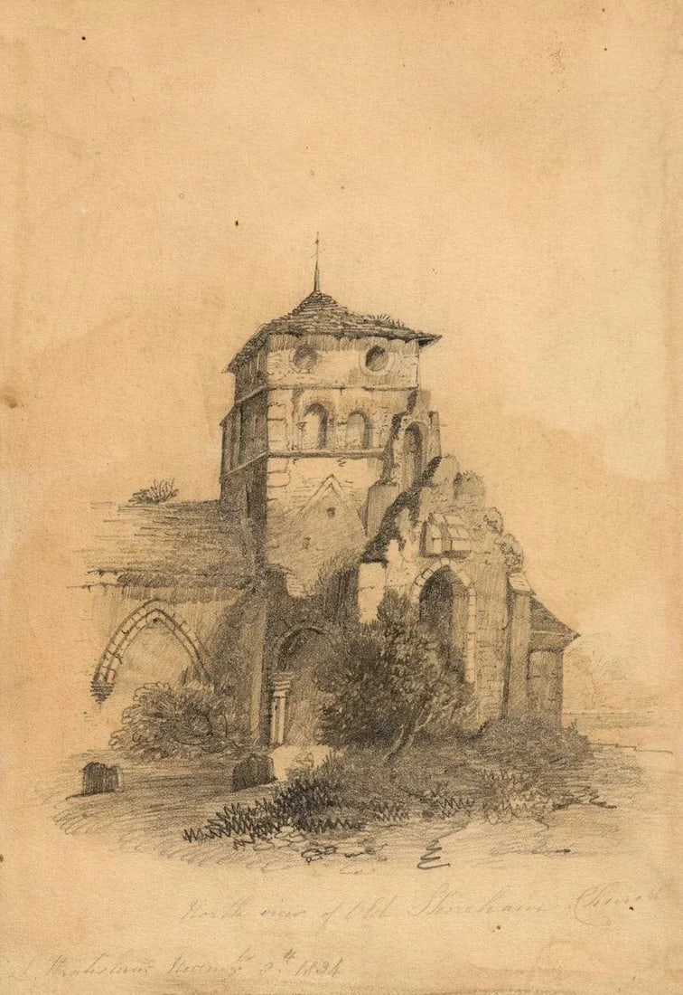 Circa 1834 "St Nicolas Church, Shoreham-By-Sea" Original Graphite Drawing Signed, Dated - 2