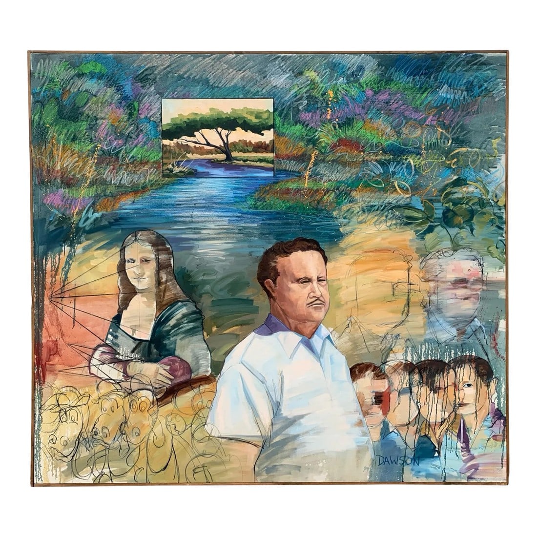 Large Scale Surrealist Painting on Canvas: Large scare surrealist panting on canvas. Depicts multiple figures. Signed Dawson. Condition: Original Condition Unaltered; Some Imperfections; Modest age appropriate wear Dimensions: Height: 60.5 in.