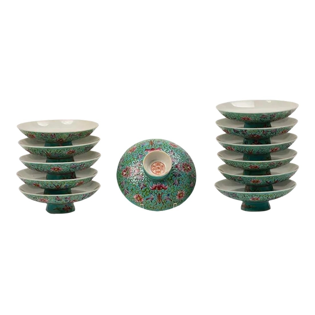 Early 20th Century Chinese Famille Rose Porcelain Lids or Shallow Bowls - Set of 12: Turquoise ground, signed, early 20th c. Chip and hairline crack on separate pieces. Condition: Unknown; Some Imperfections; Chip and hairline crack on separate pieces. Dimensions: Height: 1.5 in. Widt