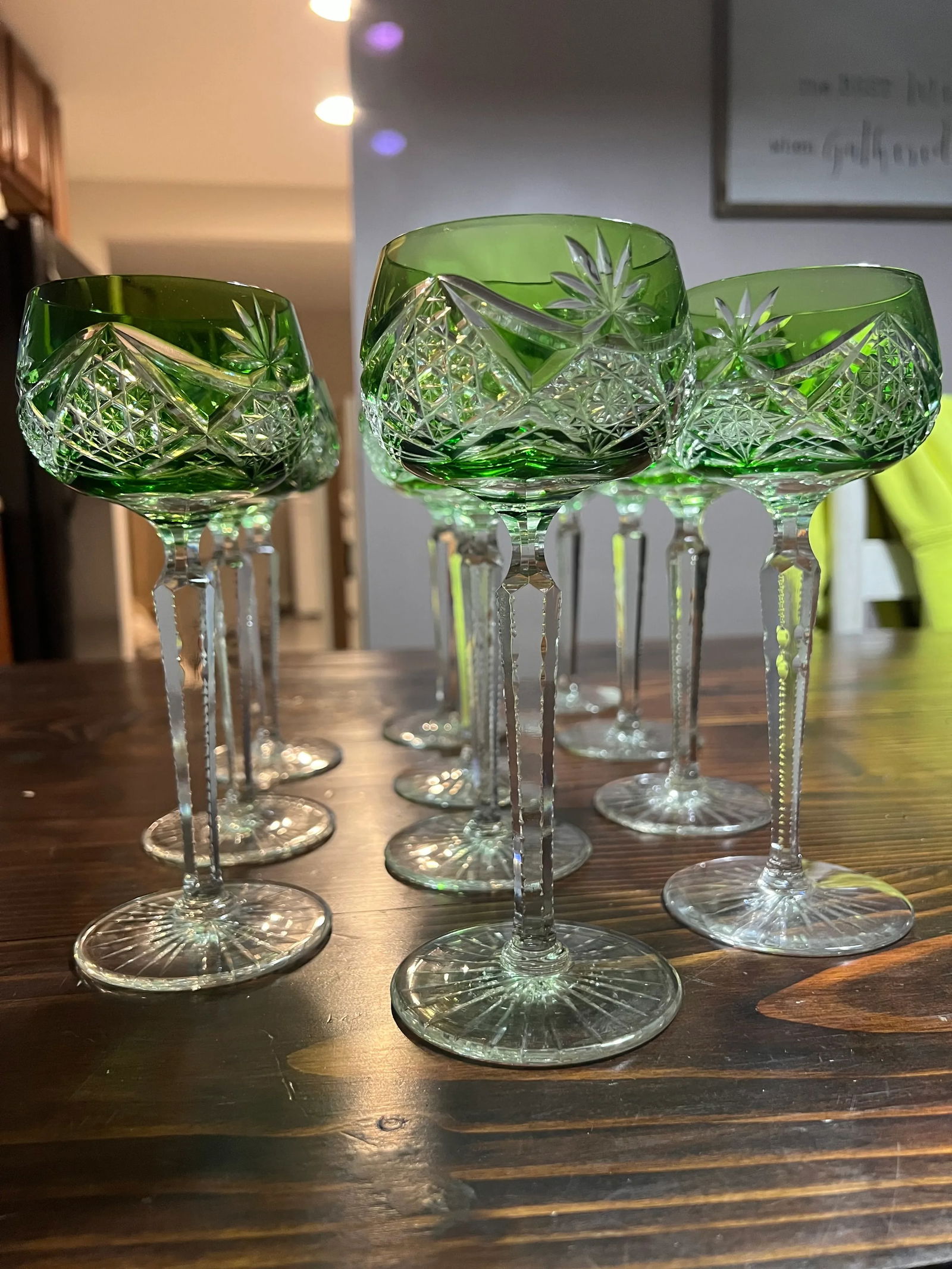 Vintage Val St Lambert Green Cut to Clear Crystal Hock Wine Glasses- Set of 11 - 2