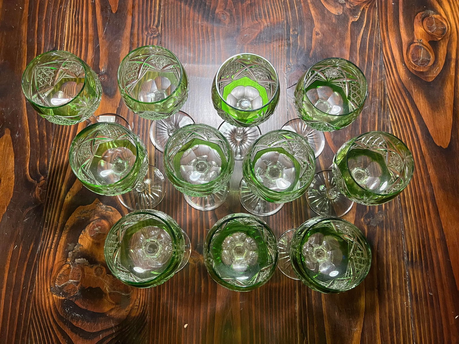 Vintage Val St Lambert Green Cut to Clear Crystal Hock Wine Glasses- Set of 11 - 3
