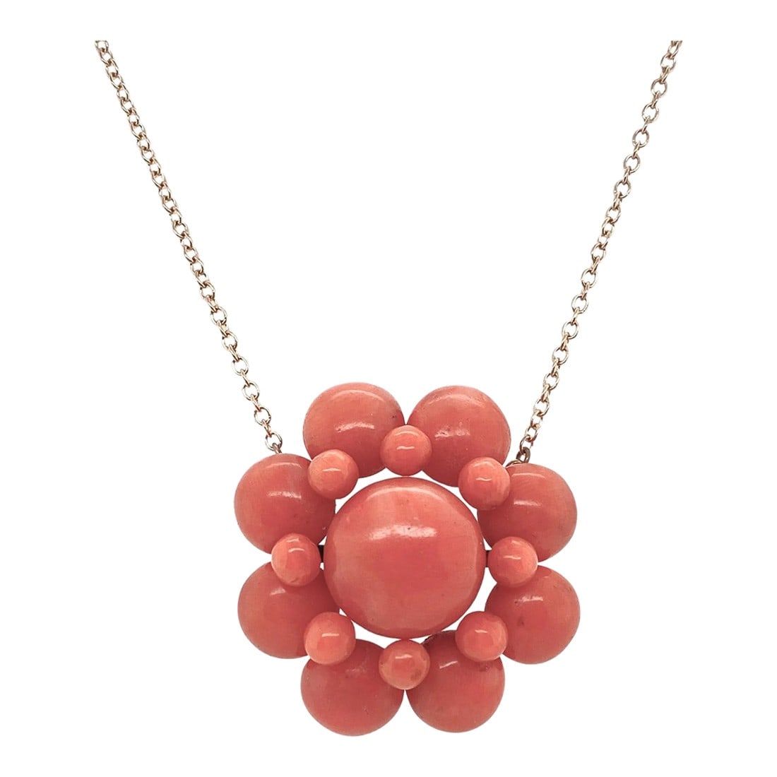 Late 19th Century Victorian 14k Gold Coral Pendant Necklace: This is part of Chairish's Fine Jewelry assortment. A fine 14K gold and coral cluster floral pendant necklace, the pendant dating from c. 1880. These necklaces are the newest rage! The coral is a