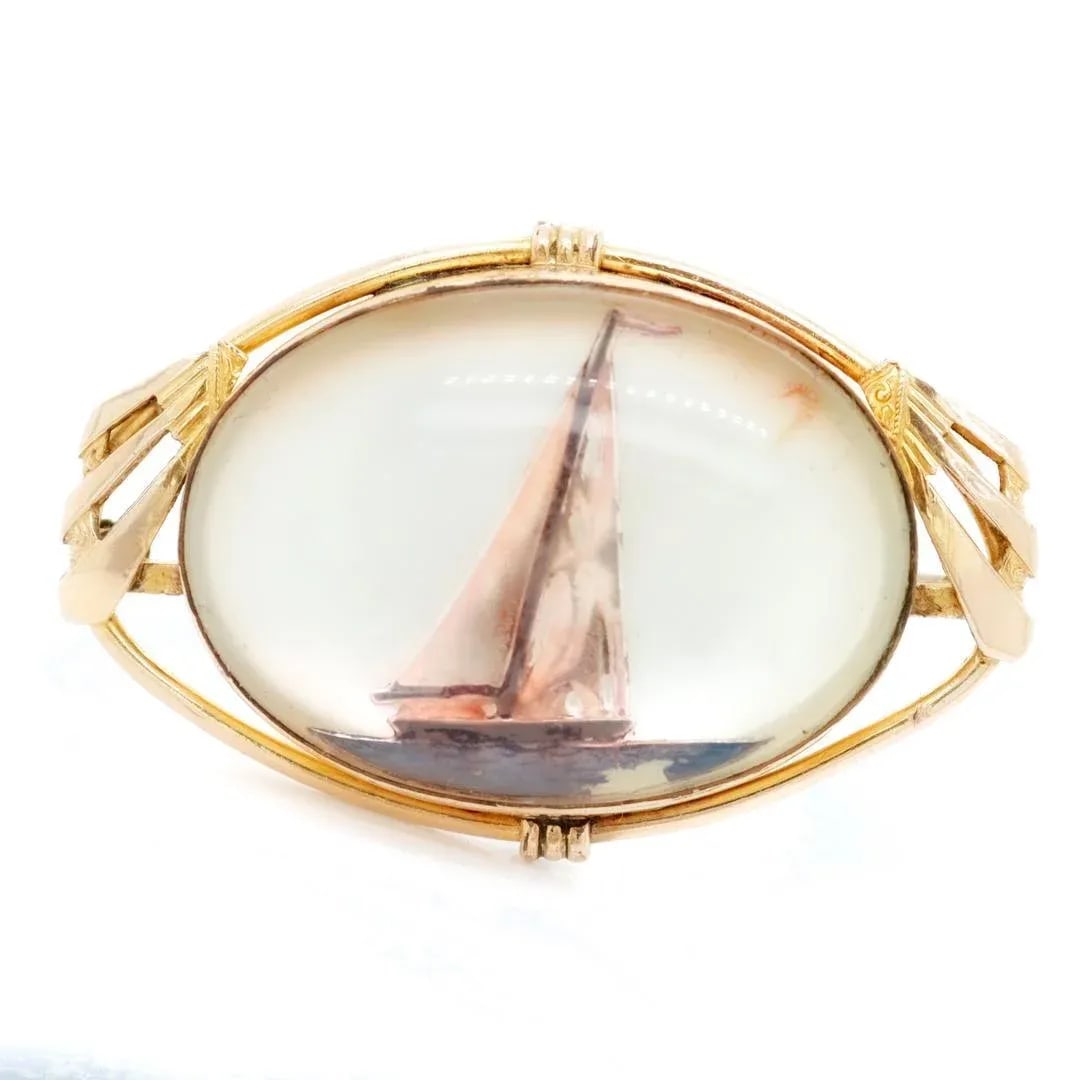 Vintage Antique Signed Amco Gold Filled Nautical Brooch or Pin With a Sailboat at Sea - 6