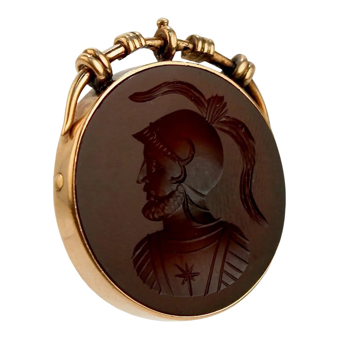 Vintage Antique Victorian 14 Karat Gold and Carved Carnelian Intaglio Charm or Pendant: A very fine Victorian carnelian and gold pendant or charm. With a carved intaglio of an ancient Roman soldier set in 14 karat gold. Simply a fine piece! Date: 19th Century Overall Condition: It