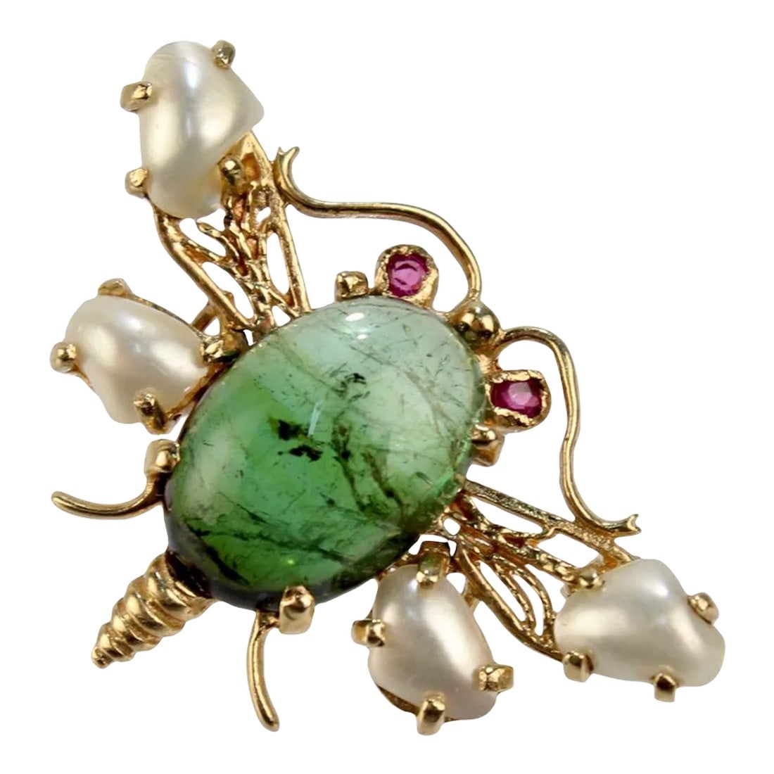Vintage 14 Karat Gold and Green Tourmaline Kinetic Bee Brooch With Pearls and Rubies (1 of 8)