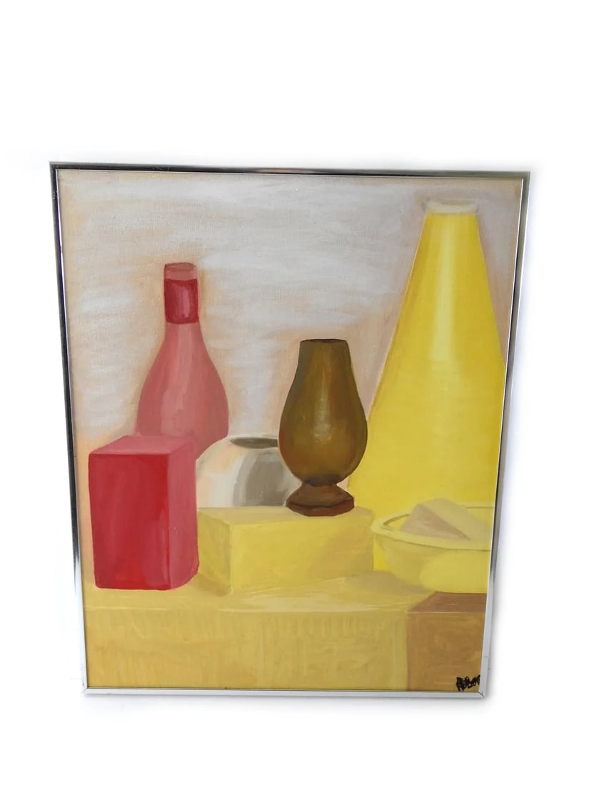 Oil Still Life Painting on Canvas Panel Bottles Vase Cube, Framed - 2