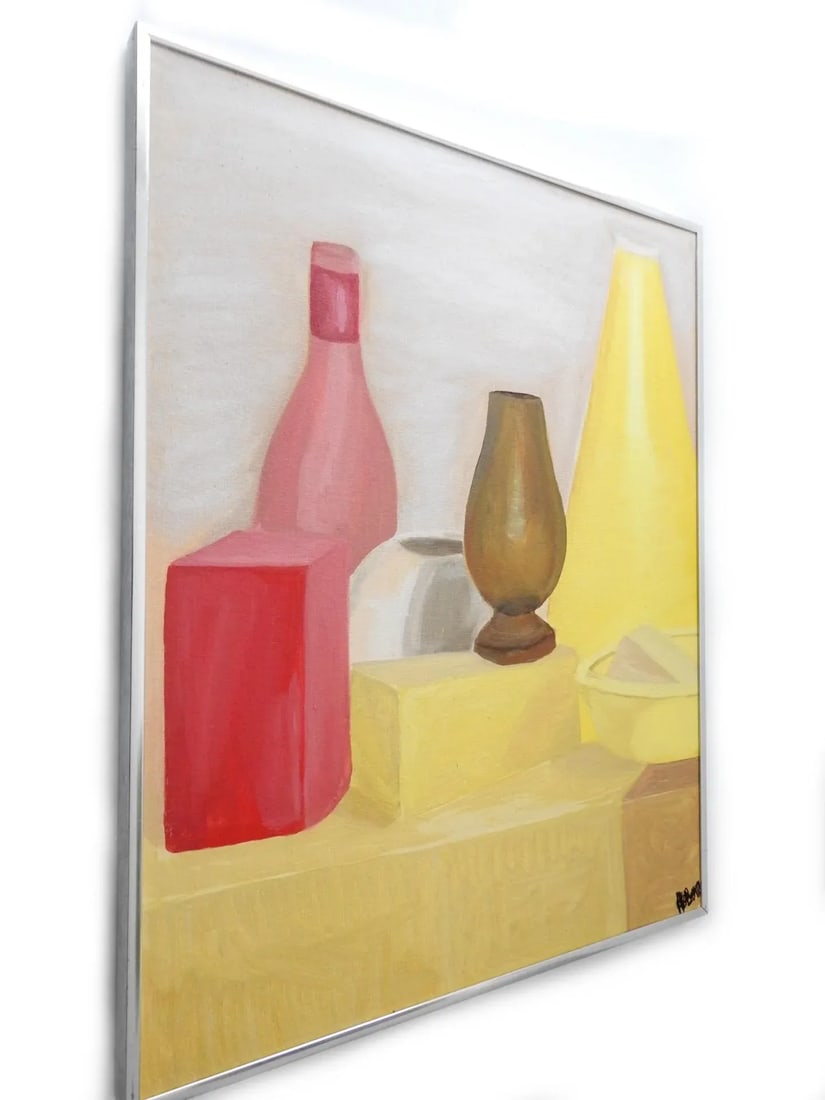 Oil Still Life Painting on Canvas Panel Bottles Vase Cube, Framed - 3