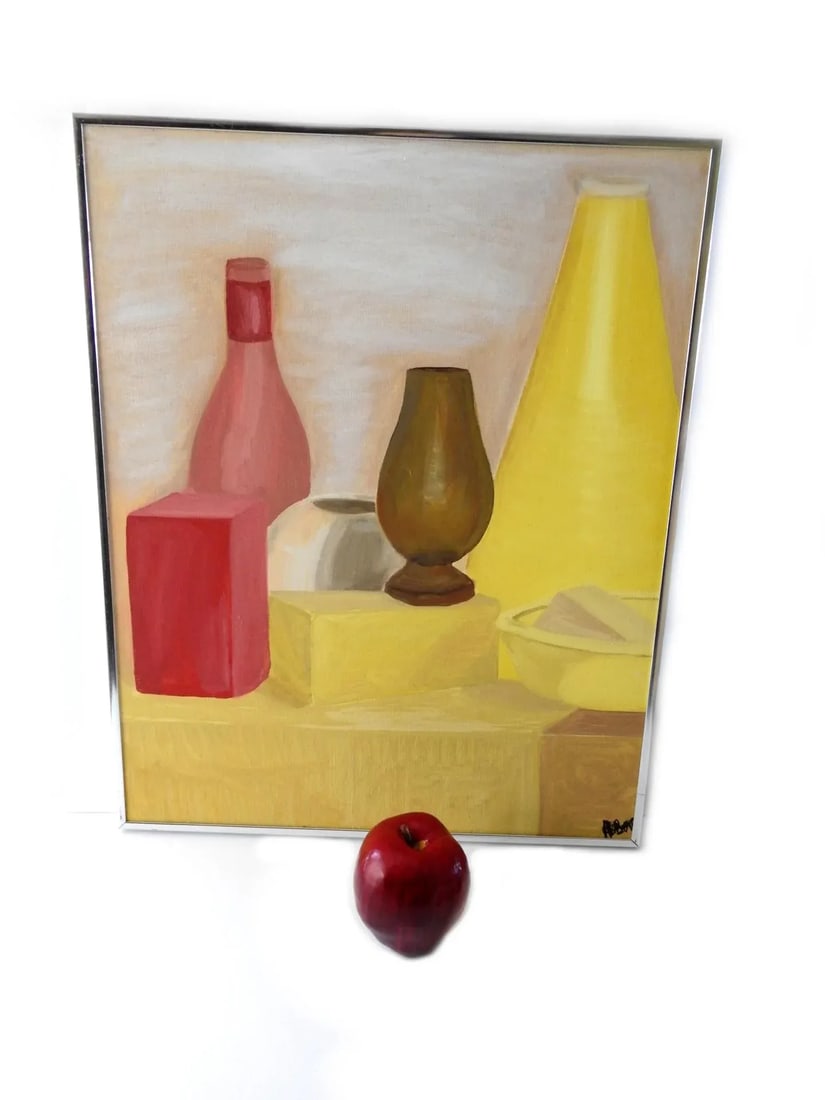 Oil Still Life Painting on Canvas Panel Bottles Vase Cube, Framed - 4