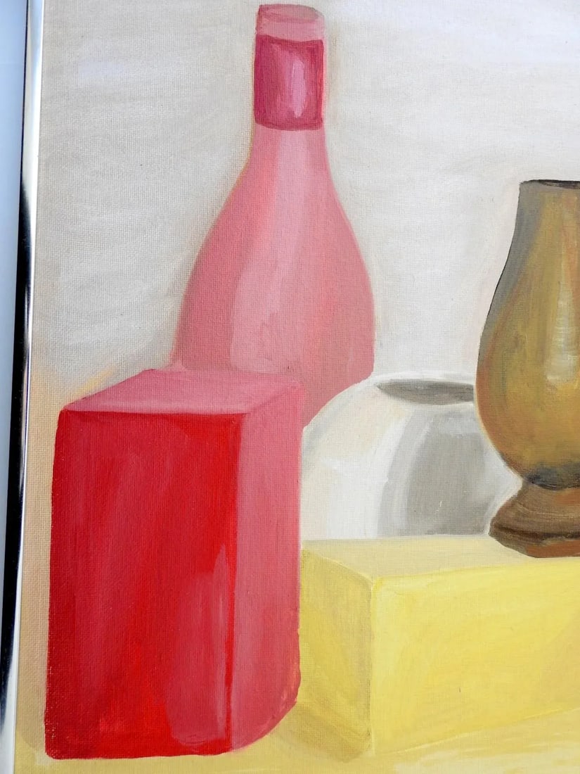 Oil Still Life Painting on Canvas Panel Bottles Vase Cube, Framed - 7