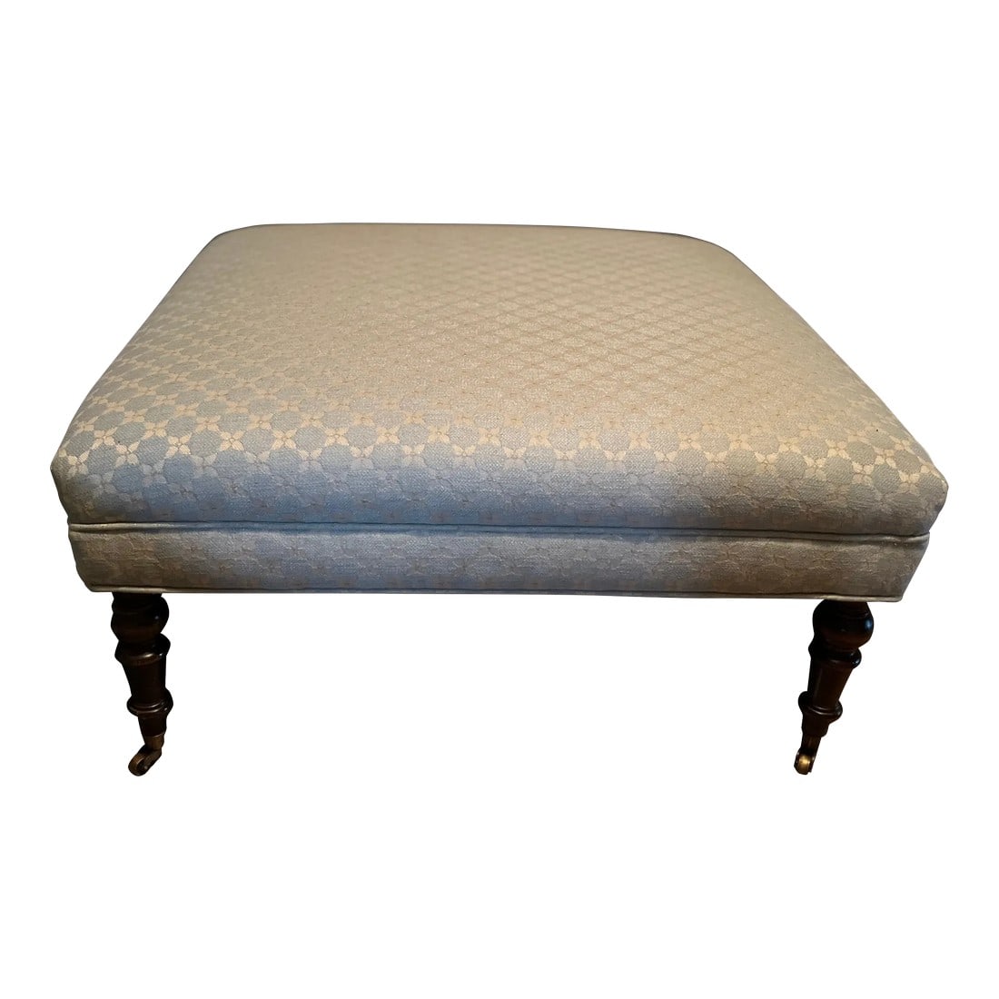1990s Colefax & Fowler Fabric on Upholstered Ottoman with Turned Feet & Brass Casters (1 of 8)