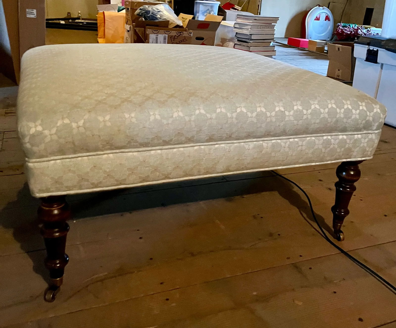 1990s Colefax & Fowler Fabric on Upholstered Ottoman with Turned Feet & Brass Casters - 2