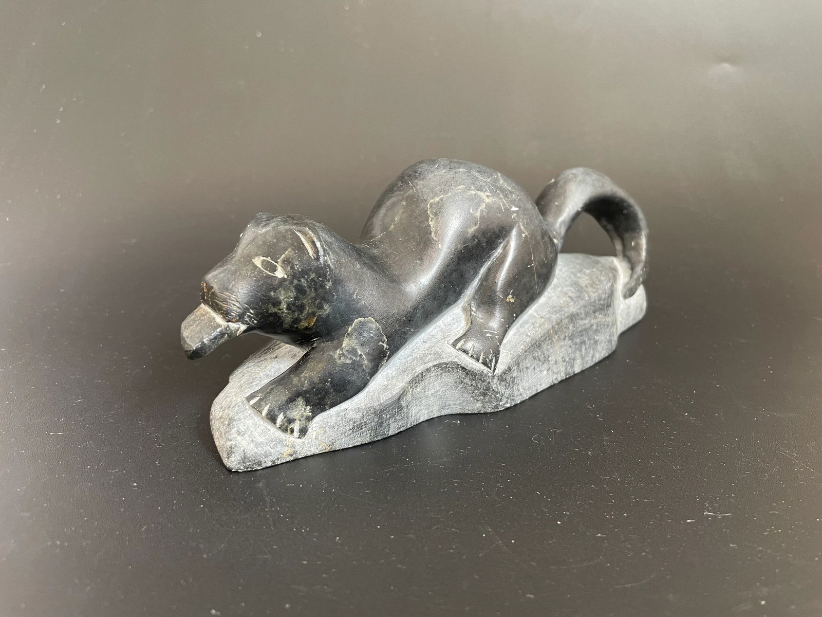 Vintage Canadian Inuit Eskimo Soapstone Carving Sea Otter Eating Fish Sculpture by Davitiapik - 2