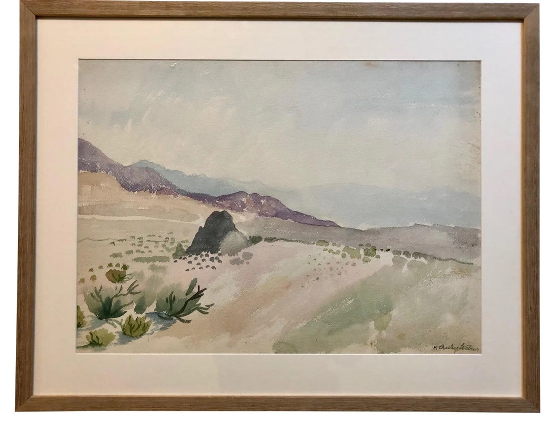 Vintage Desert Landscape Watercolor Painting: A soft and peaceful watercolor of a desert landscape. Signed K. Chesley Walker lower right. Condition: Original Design Modified; Some Imperfections; Frame is new Dimensions: Height: 20 in. Width: