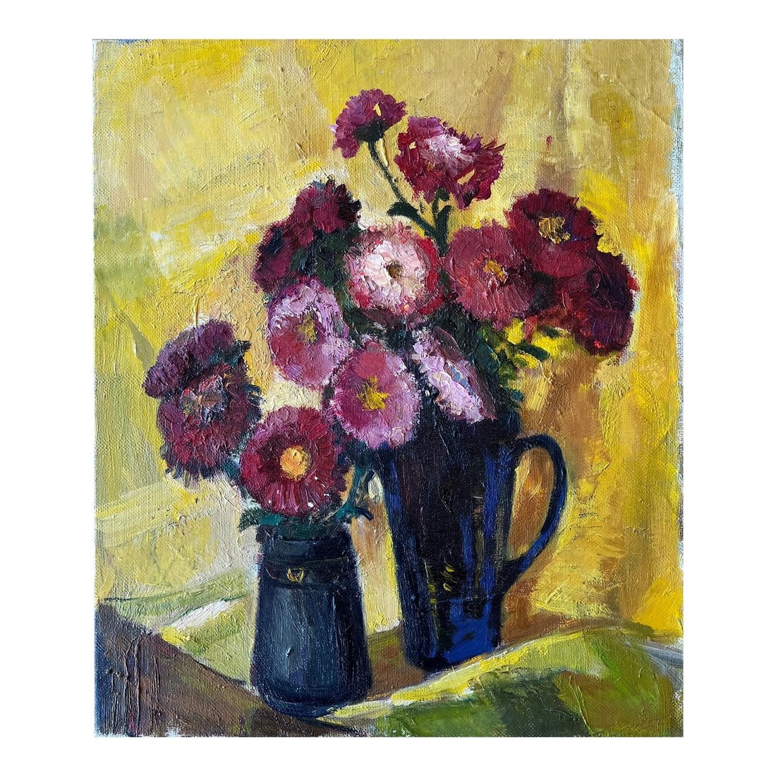 1960s Ukrainian Oil on Linen Canvas, Still Life: A Ukrainian still life painting oil on linen canvas. The subject consists of two bucket of flowers. Unknown artist. Condition: Original Condition Unaltered; Needs Restoration; Shows signs of aging.