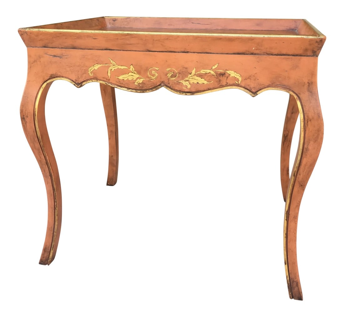 Chinoiserie Nancy Corzine Rust and Gold Leaf Tea Table: Nancy Corzine Chinoiserie rust and gold leaf tea table. Made in the 2010s. Condition: Original Condition Unaltered; Some Imperfections; pristine Dimensions: Height: 28 in. Width: 28 in. Depth: 22 in.