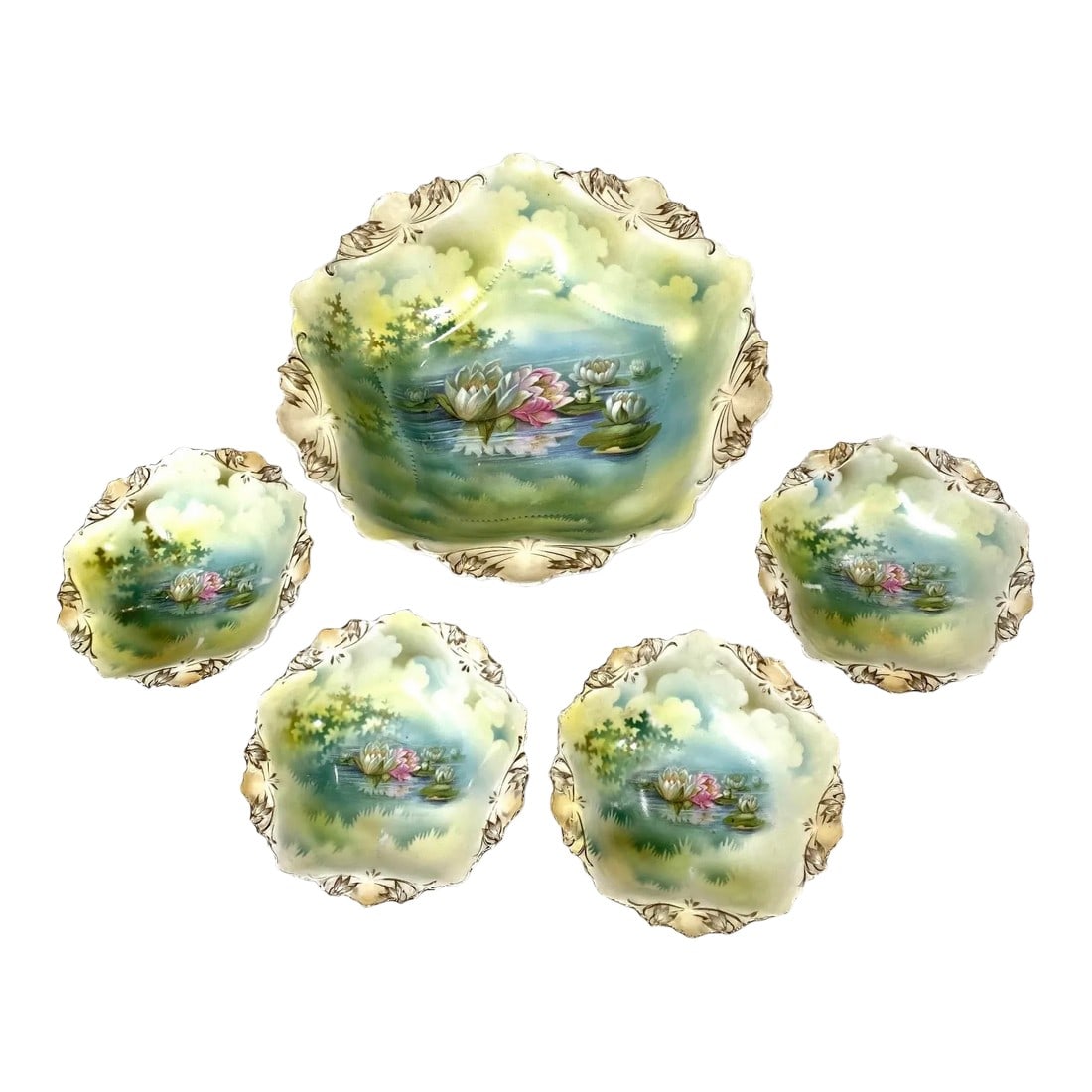 Antique r.s Prussia Bowls - Set of 5, Pink & White Water Lily, Gold Scalloped Edge, Gold Trim: R.S. Prussia (northeastern Europe) was a prominent porcelain manufacturer in the late 19th and early 20th centuries, known for its high-quality and intricately decorated pieces. The bowls feature a de