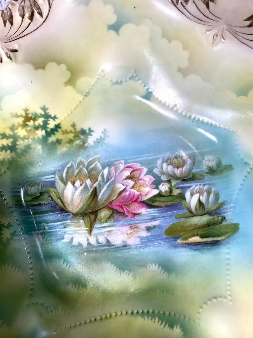 Antique r.s Prussia Bowls - Set of 5, Pink & White Water Lily, Gold Scalloped Edge, Gold Trim - 7