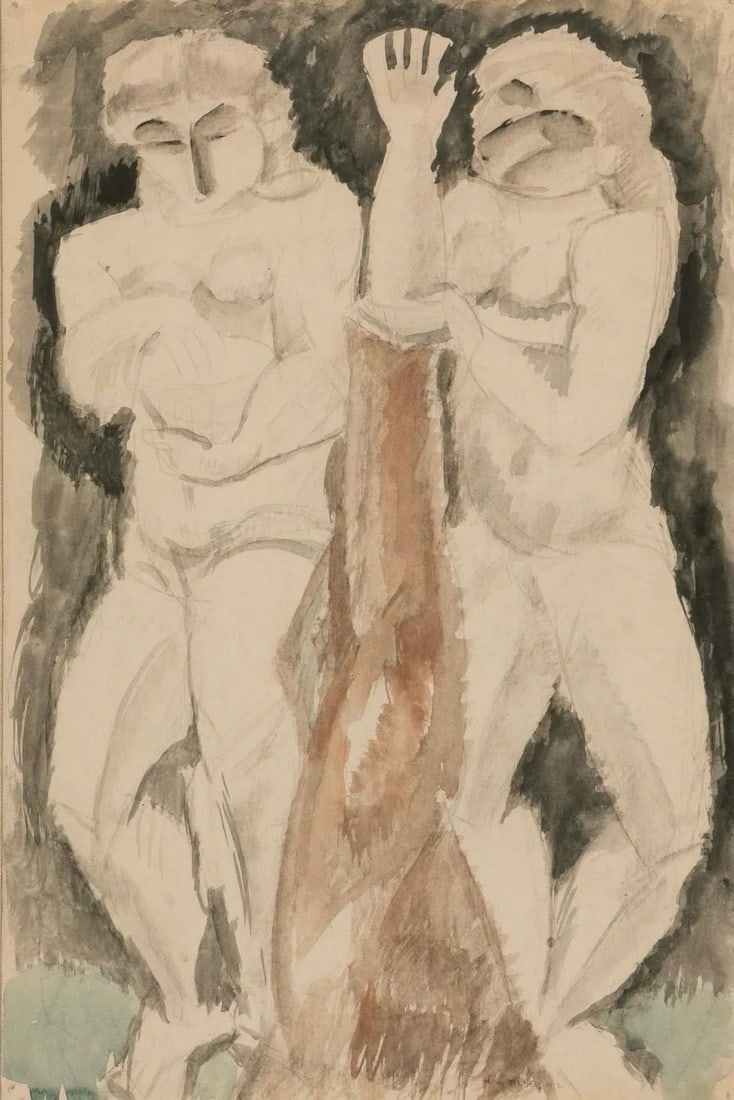 Max Weber "Two Figures" Figurative Painting, 1912: 1912 watercolor and pencil on thin board, signed Max Weber and dated 1912. Max Webber is known as a pioneer of Cubism in America. His collections are in major museums including the Metropolitan,