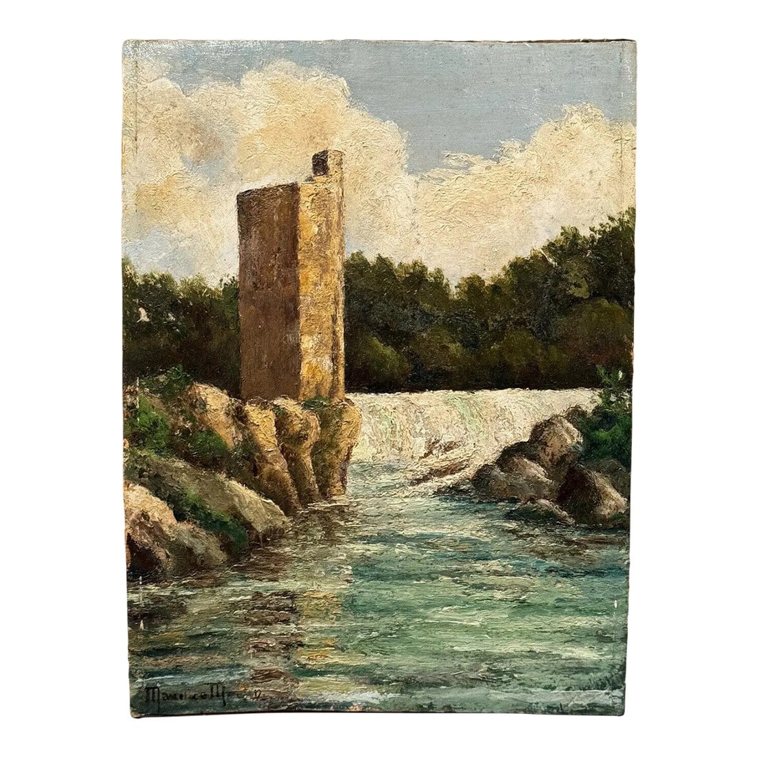 1941 Oil Painting French Impressionist Waterfall by Maurice Martin (1894-1978): Overview: Up for sale is an absolutely incredible oil on board by listed French artist, Maurice Martin (1894-1978). This painting depicts a waterfall by what appears to be the ruins of an old building