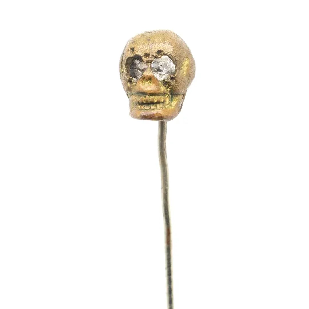 Old or Antique Estate Bronze Skull Memento Mori Stick Pin With Glass Eyes - 4